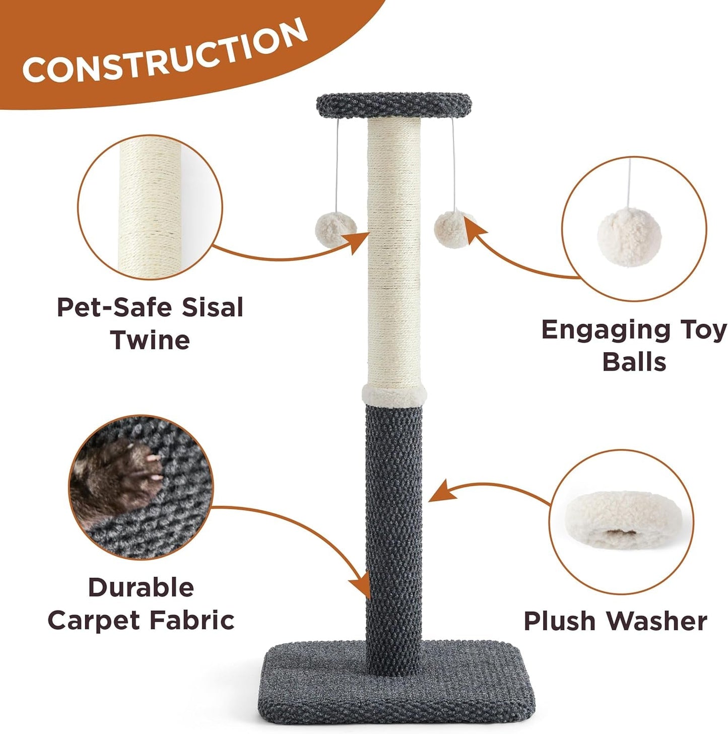 Lesure 34" Tall Cat Scratching Post - Highly Resistant Carpet Scratch Post, Premium Sisal Rope Scratch Posts Kitten and Adult Cats, Sturdy Large Scratch Pole with Hanging Ball, Grey