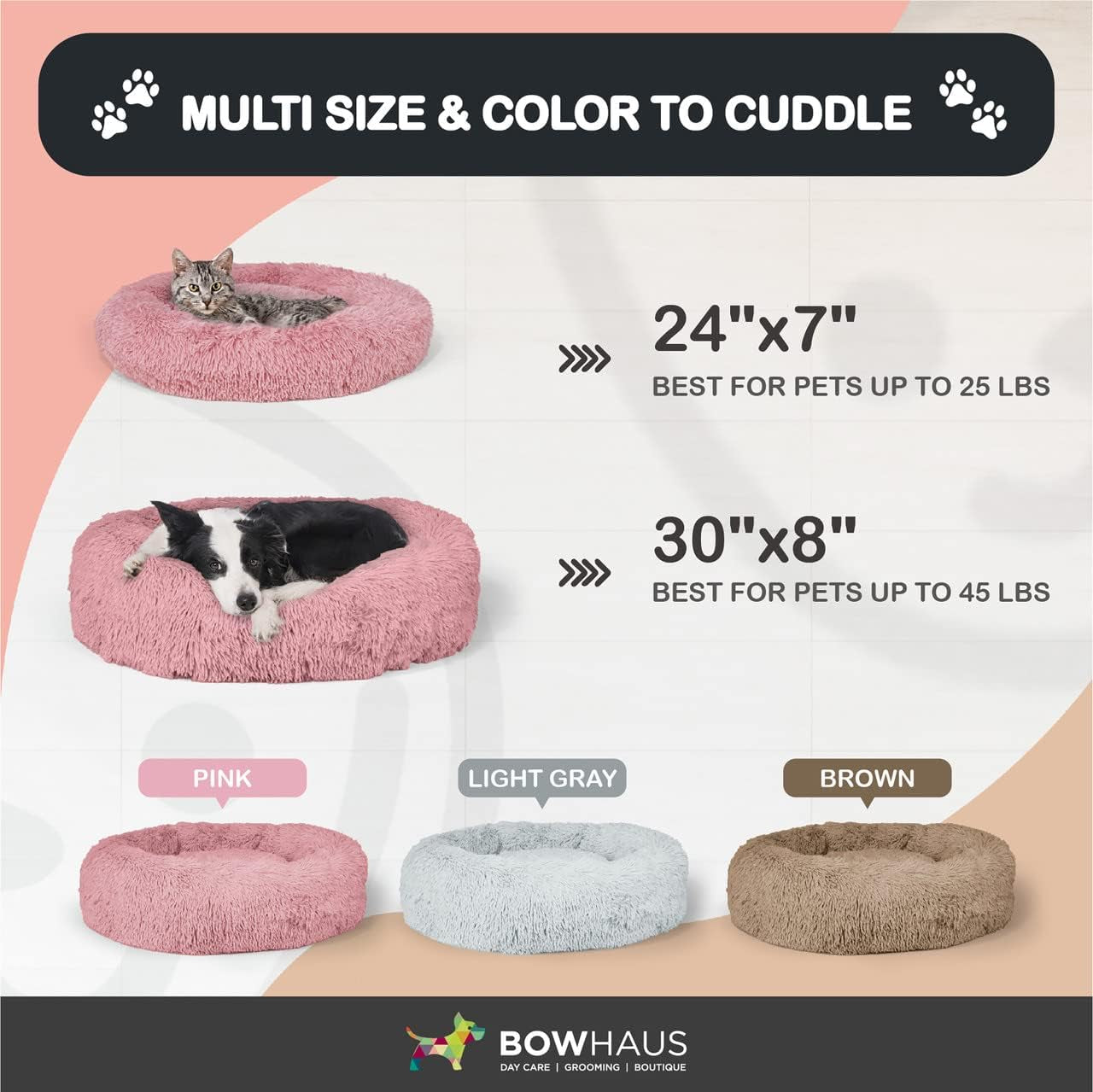 24/30 Inch Calming Donut Pet Bed for Small/Medium Cats and Dogs, Anti-Slip Bottom, Washable, Anti-Anxiety Fluffy round Cat Bed, Indoor Shaggy Cuddler Cotton Candy Brown, Light Gray, Pink Bed