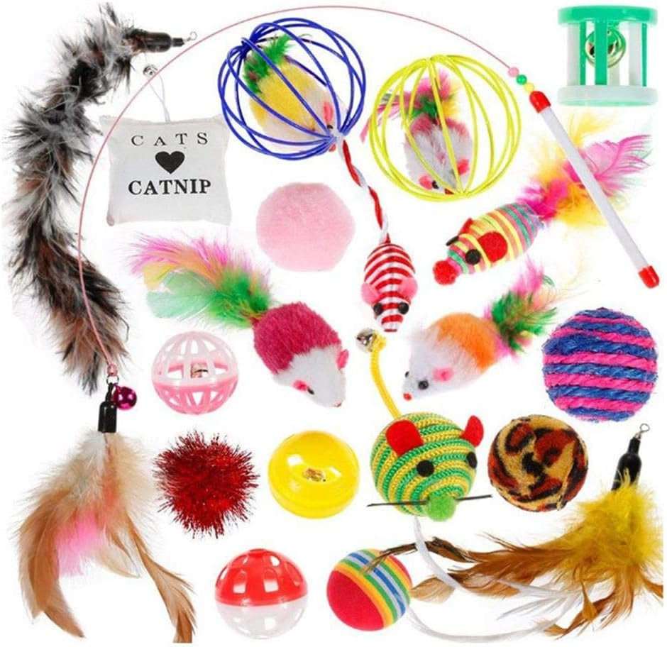 20Pcs Funny Pet Cat Toy, Cat Toys Kitten Toys Assortments Catnip Fish, Interactive Cat Feather Toy, Mylar Crincle Balls, Cotton Mice, Fluffy Mouse Rainbow Balls Bells Toys, for Chewing Playing