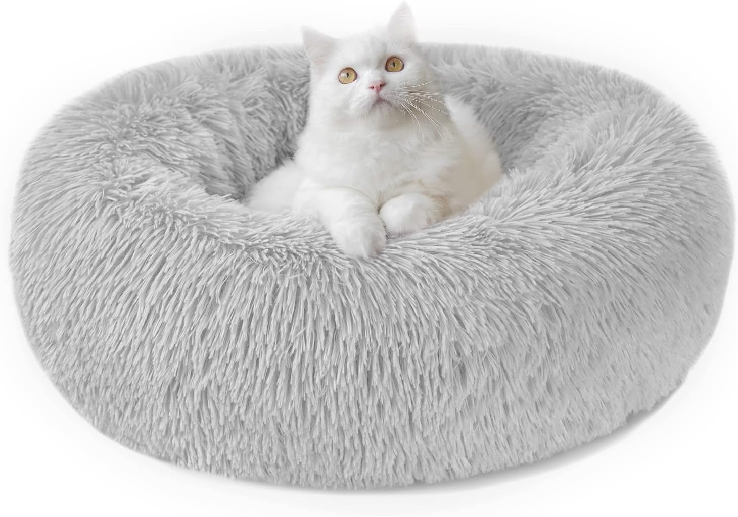 Nepfaivy Calming Dog Cat Bed - round Donut Small Dog Bed, Fluffy Luxury Puppy Bed, Anti-Anxiety Plush Pet Bed Washable, Cozy Soft Self Warming Doggy Pillow Bed, Waterproof Anti-Slip Bottom