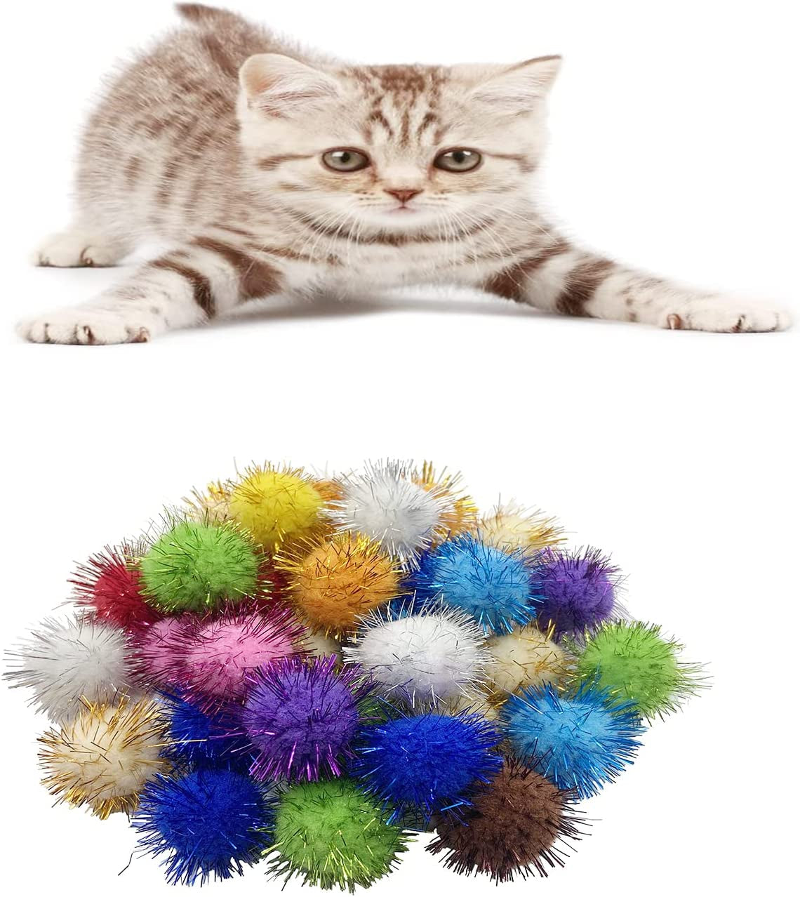 100 Pcs Sparkle Balls, 1.8 Inch Tinsel Sparkle Balls Cat Pet Toy Balls Plush Glitter Balls for DIY Crafts, Pet Cat Kittens Toy Supplies, Color Random