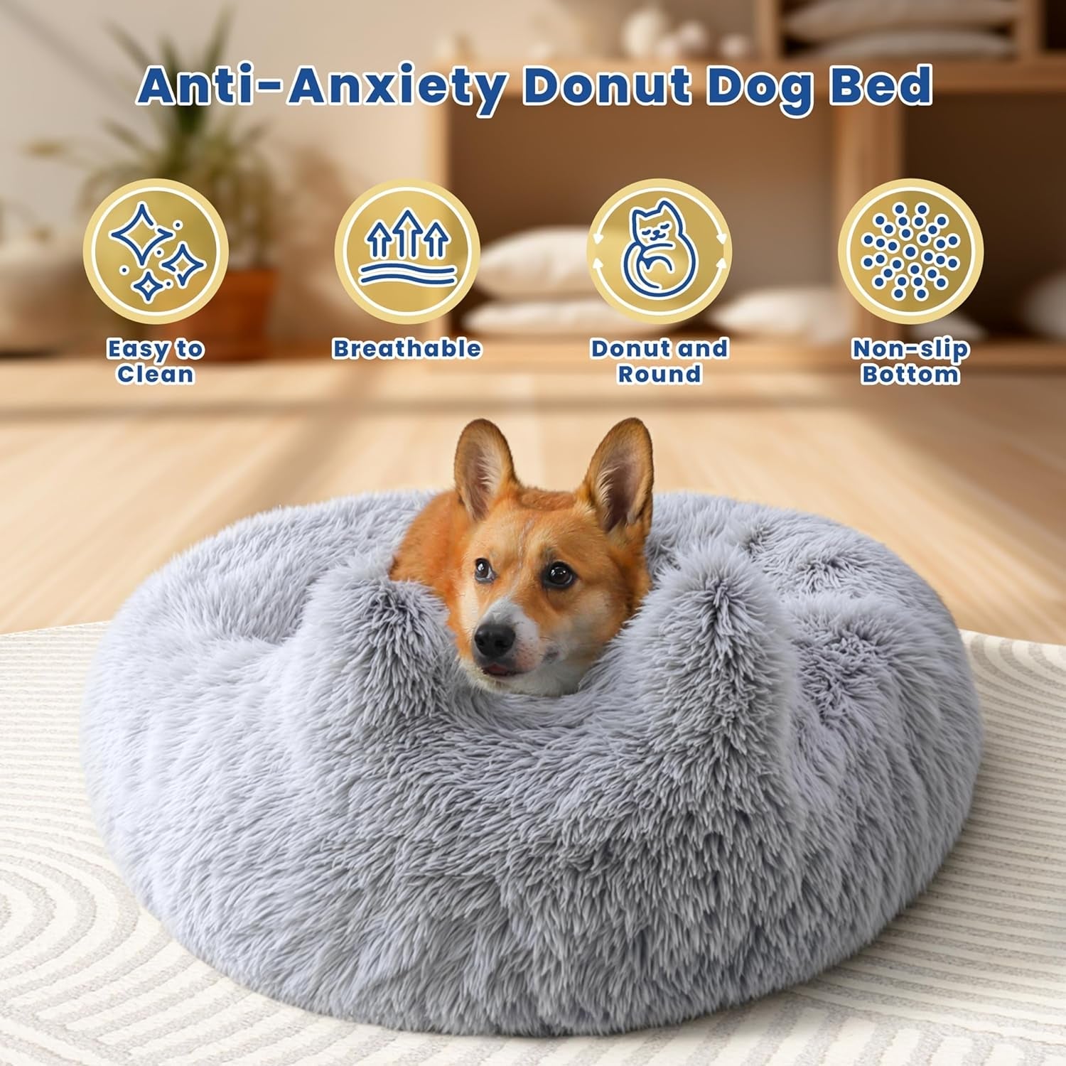 Calming Small Dog Bed, Donut Washable Dog Beds for Small Dogs, Anti-Anxiety Cute Soft Dog Bed with Anti-Slip round Fluffy Plush 20 Inchs Cat Puppy Bed, Light Grey