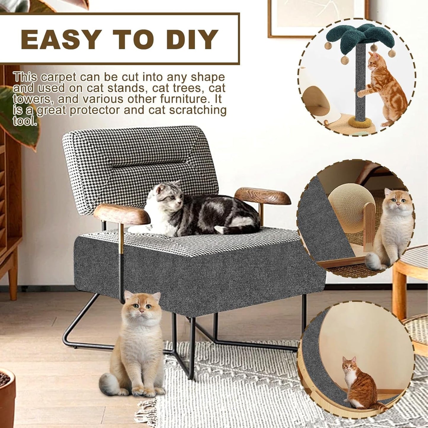 118”X15.8” Trimmable Cat Scratching Post Carpet Cover Cat Scratcher Mat Self-Adhesive Cat Tree Shelves Replacement Parts Mat Cat Scratcher for Cat Shelves Steps Couch Furniture DIY Protector