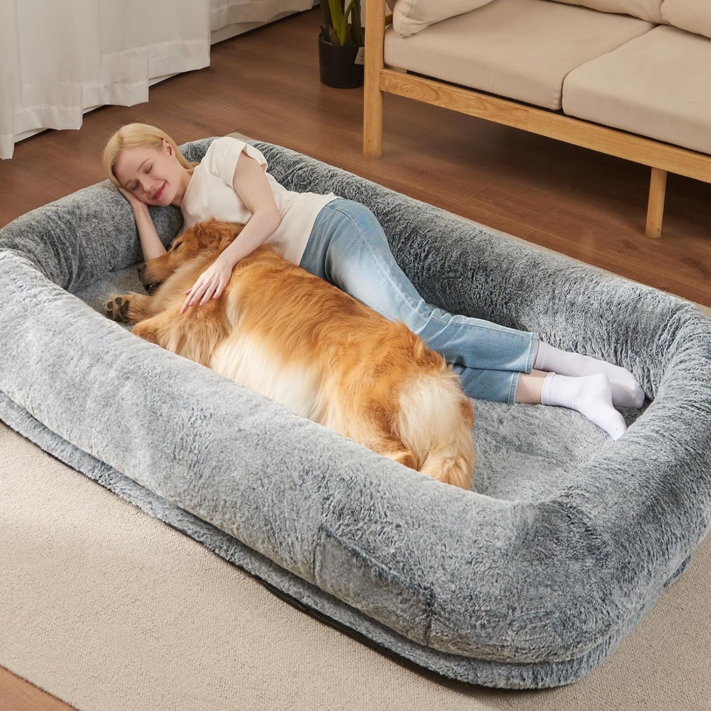 Human Dog Bed for Adult - Human Size Dog Bed for People with 320 GSM Luxurious Fluffy Faux Fur Cover, Giant Dog Bed for Humans Bean Bag Bed with 40D Orthopedic Memory Foam, (Large, Black)