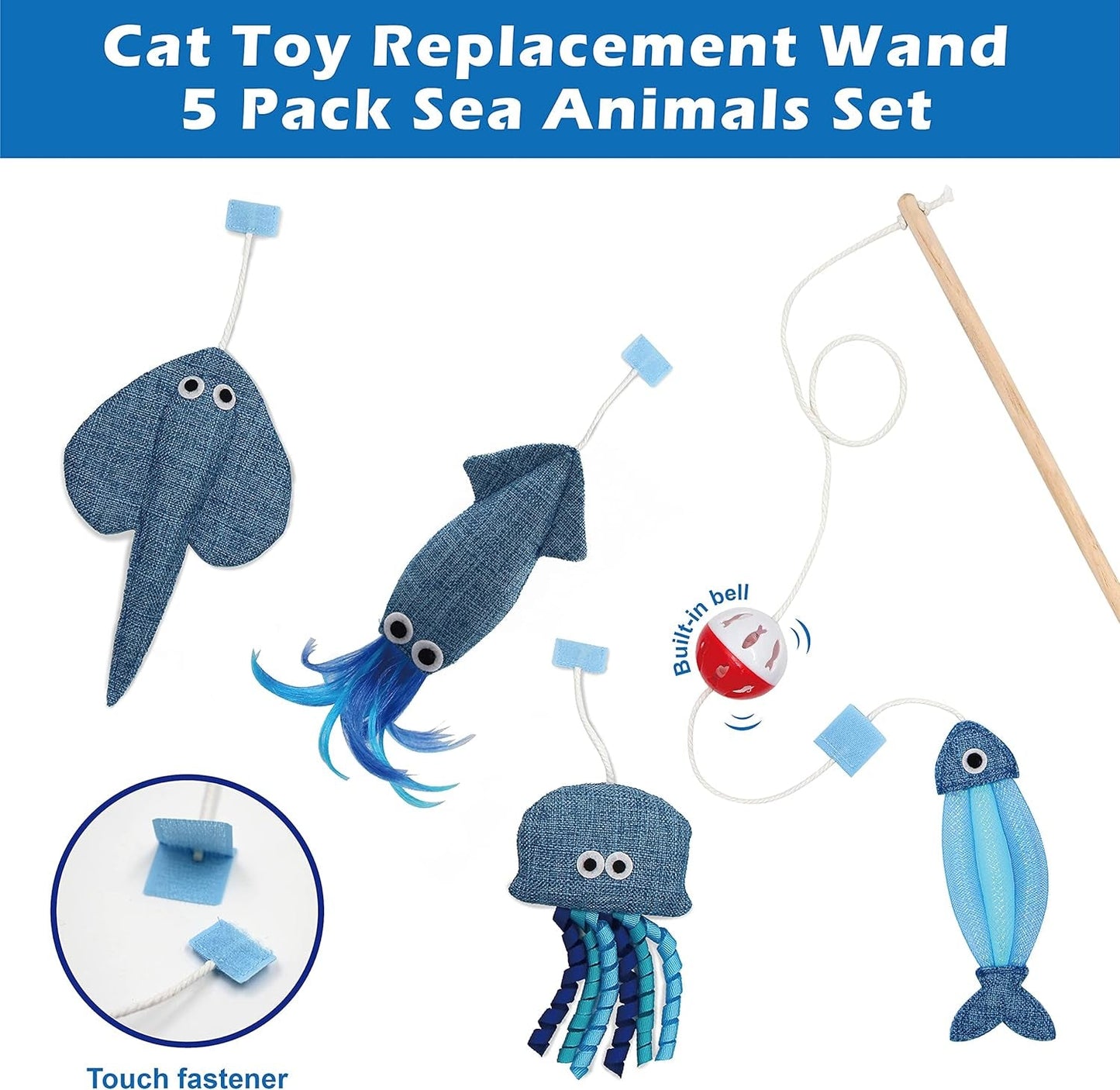 4 Pack Value Interactive Replacement Wand Set, Marine Life Set, Accessories for Indoor Cat, Catnip Plush Toy with Cat Wand Value Set, Rattle Toy and Wood Stick