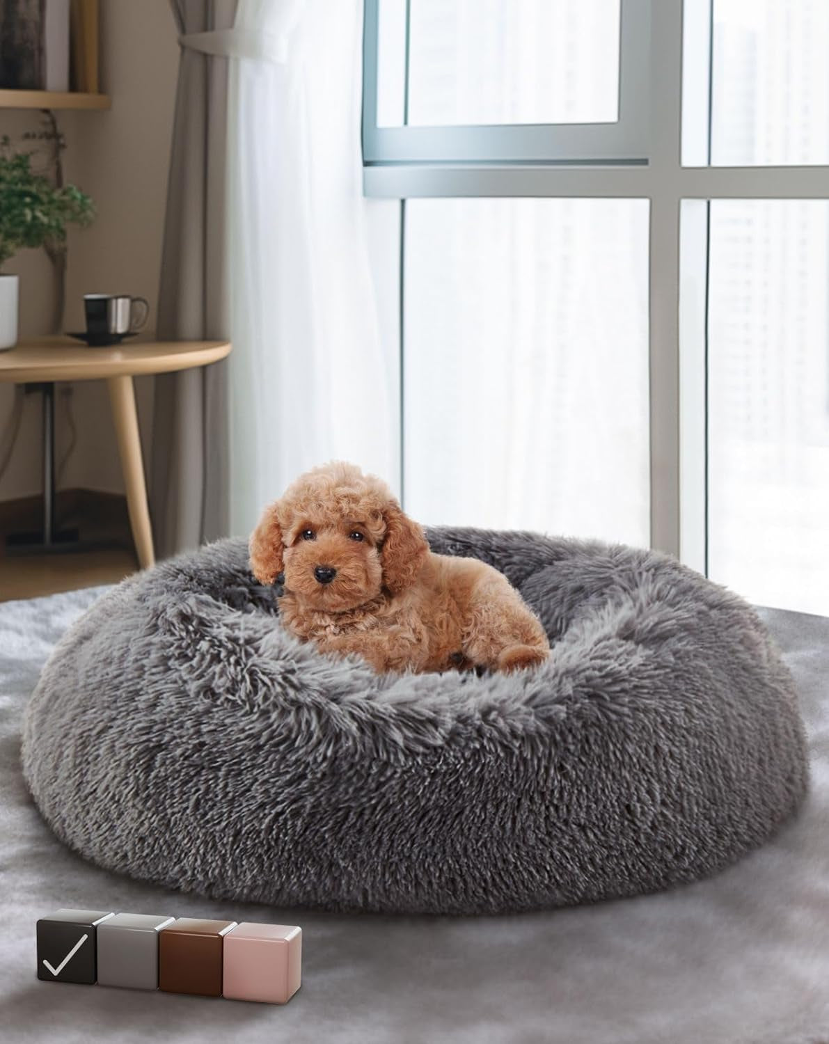 Calming Donut Bed for Dogs and Cats, Ultra Soft Circle Bed, Cozy, Waterproof, Zipper Cover, 30 in Bed, Medium Dog Bed (Gray)