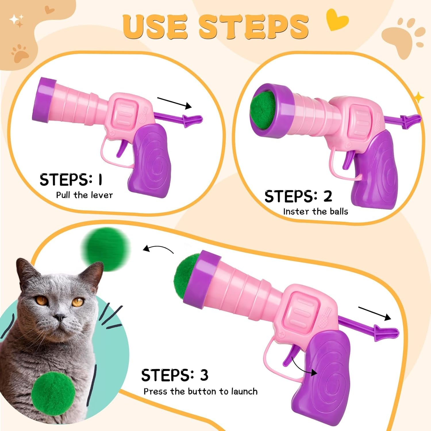 4 Pcs Cat Ball Launcher, Interactive Cat Toy with 100PCS Cat Pompom Balls, Cat Toy Ball Launcher Gun for Cats, Cat Toys Interactive for Training, Playing, Funny Game