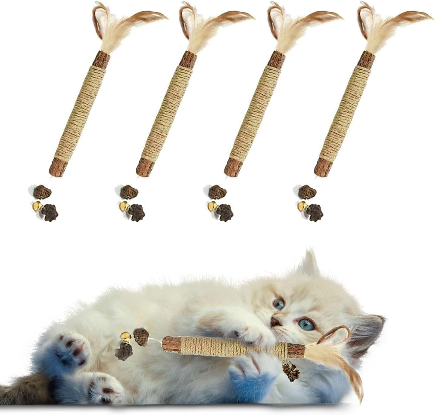 3Pcs Natural Silvervine Sticks Catnip Chew Toys for Cats,Teeth Cleaning Cat Chew Toys Feather Sticks,Toys for Indoor Cats,Increase Appetite Calm Cat Anxiety and Stress(Brown)