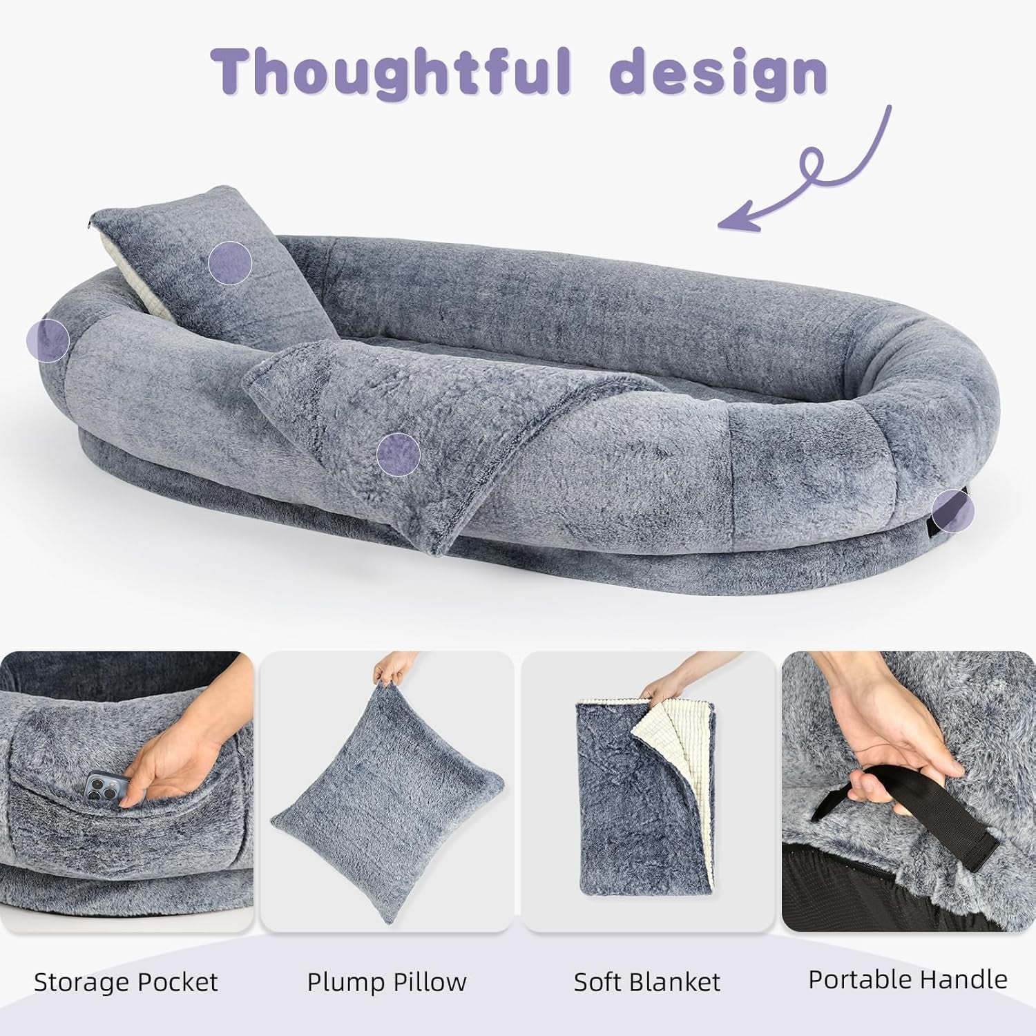 Human Dog Bed, Giant Dog Bed for Humans with Washable Faux Fur, Adult Size Napping Dog Bed for Humans, Kids, and Pets, Presented with Plump Pillows&Blanket- Grey