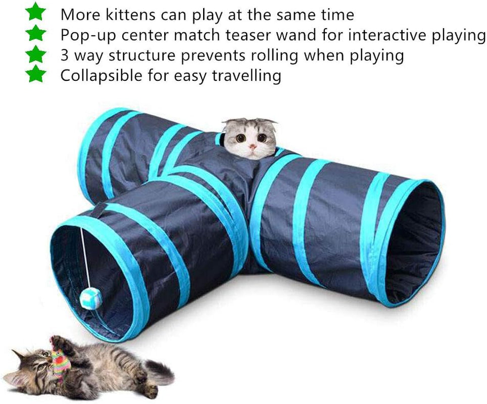 24 Cat Toys Kitten Catnip Toys Variety Pack - 3 Way Tunnel, Interactive Wand, Fish, Mouse, Crinkle Balls, Kitty Chew Toys, Feather - Deluxe Toy Set for Christmas Birthday, Color Random