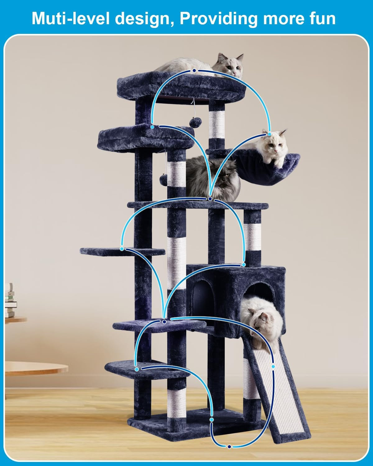 Hey-Brother Cat Tree for Indoor Cats, 62.6" Cat Tower with Scratching Post, Cat Condo with Two Large Platforms, Hammock, Big Scratcher, Smoky Gray MPJ029G