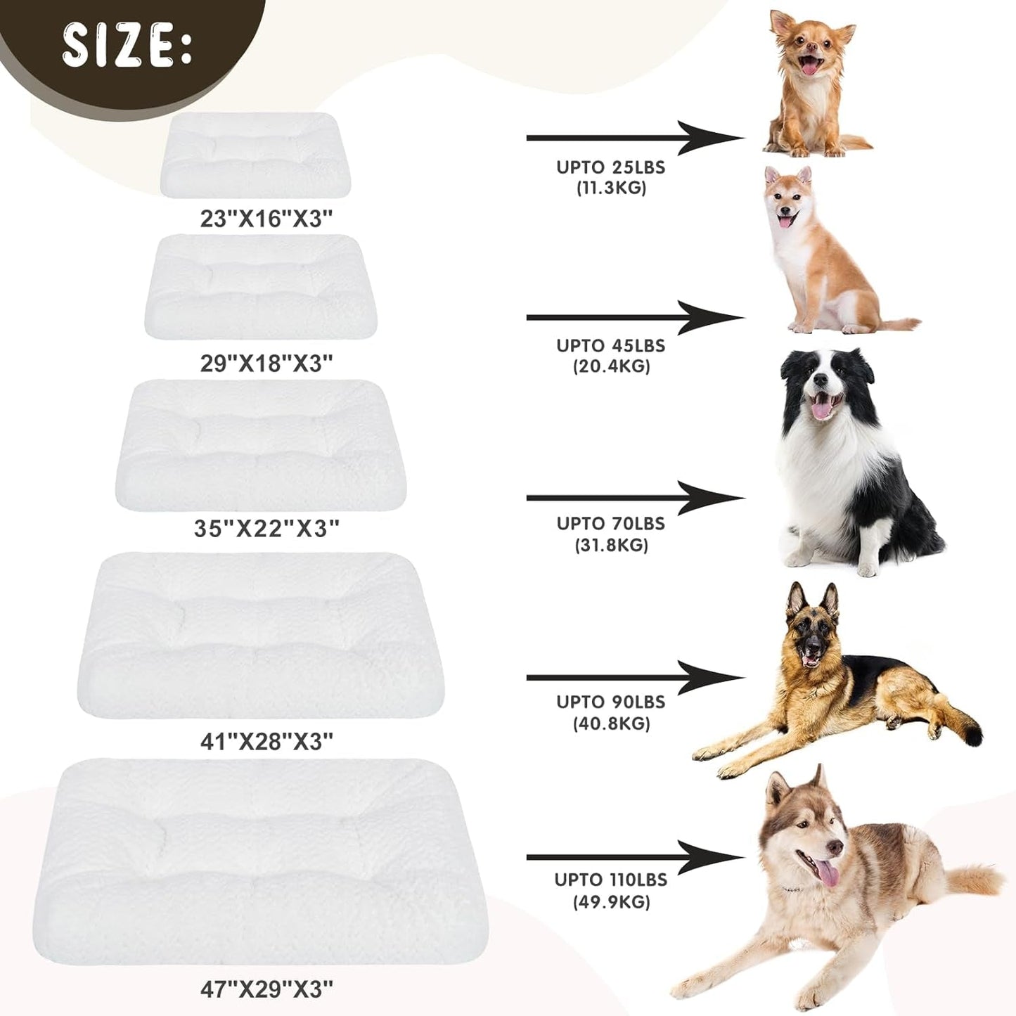 KROSER Deluxe Dog Crate Bed Dog Bed Mat, Soft Dog Crate Pad, Machine Washable Pet Cage Pad Mattress Reversible (Cool & Warm), Dog Kennel Bed for Small to Jumbo Dogs, White