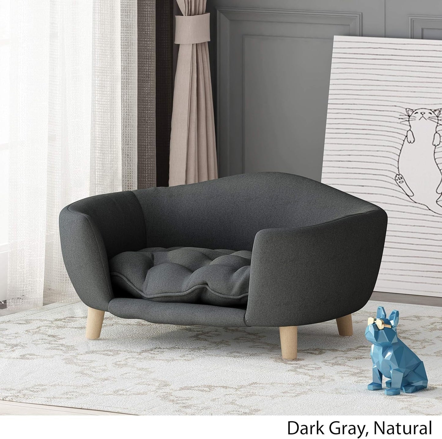 Gdfstudio Mid Century Small Plush Pet Bed, Dark Gray and Natural Finish