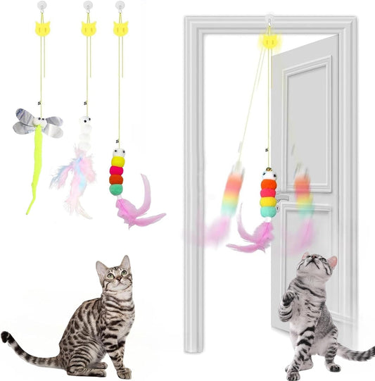 3 Pcs Interactive Toys for Indoor Cats, Best Hanging Cat Toys for Bored Cats, Spring Cat String Toys with Feathers and Bells, Door Hanging Self-Playing Cat Toys (CUTE, Count, 3)