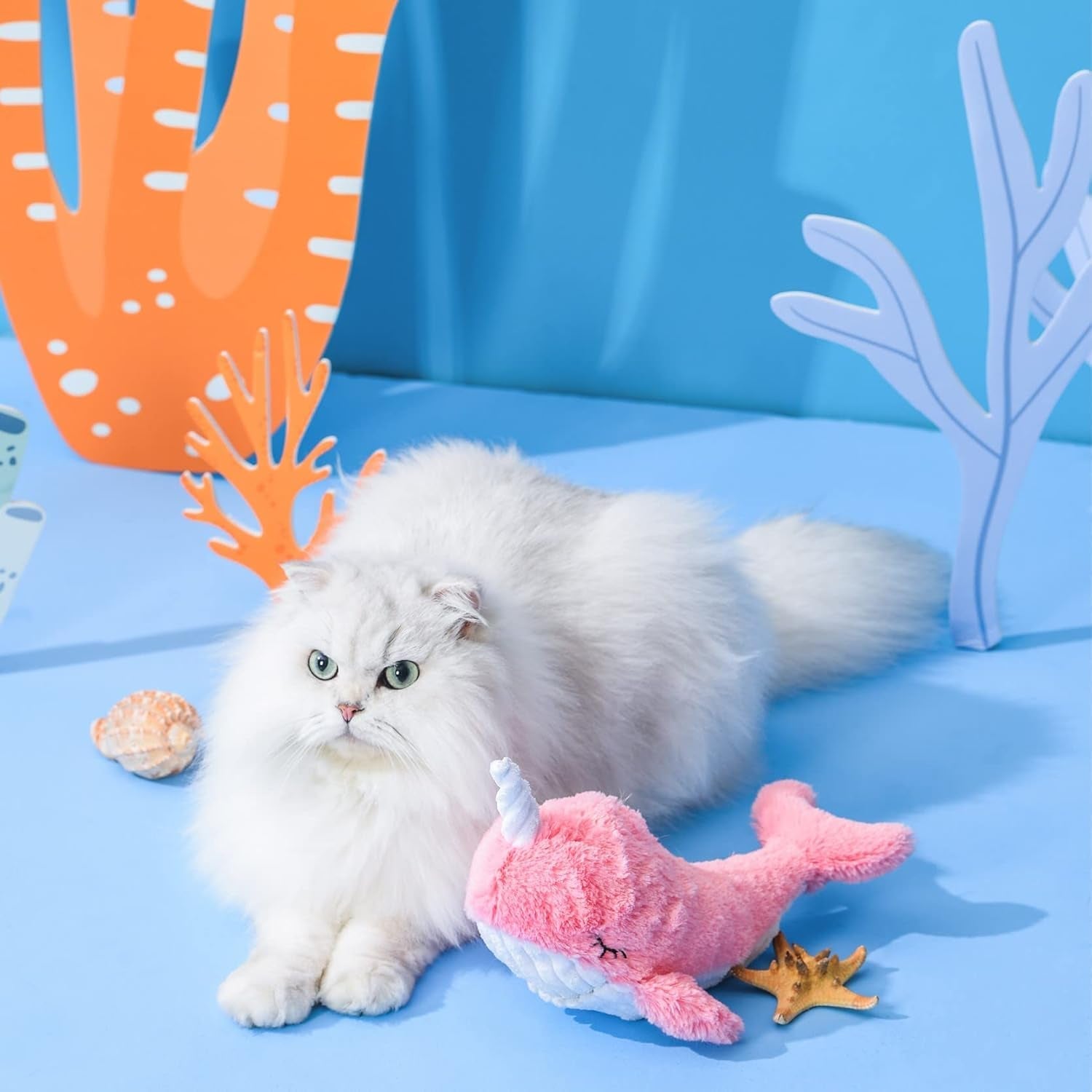 2022 Ocean Series Cat Toys,Plush Flopping Narwhal Cat Toy for Indoor Cats with Catnip Kitten Toys. (Narwhal)