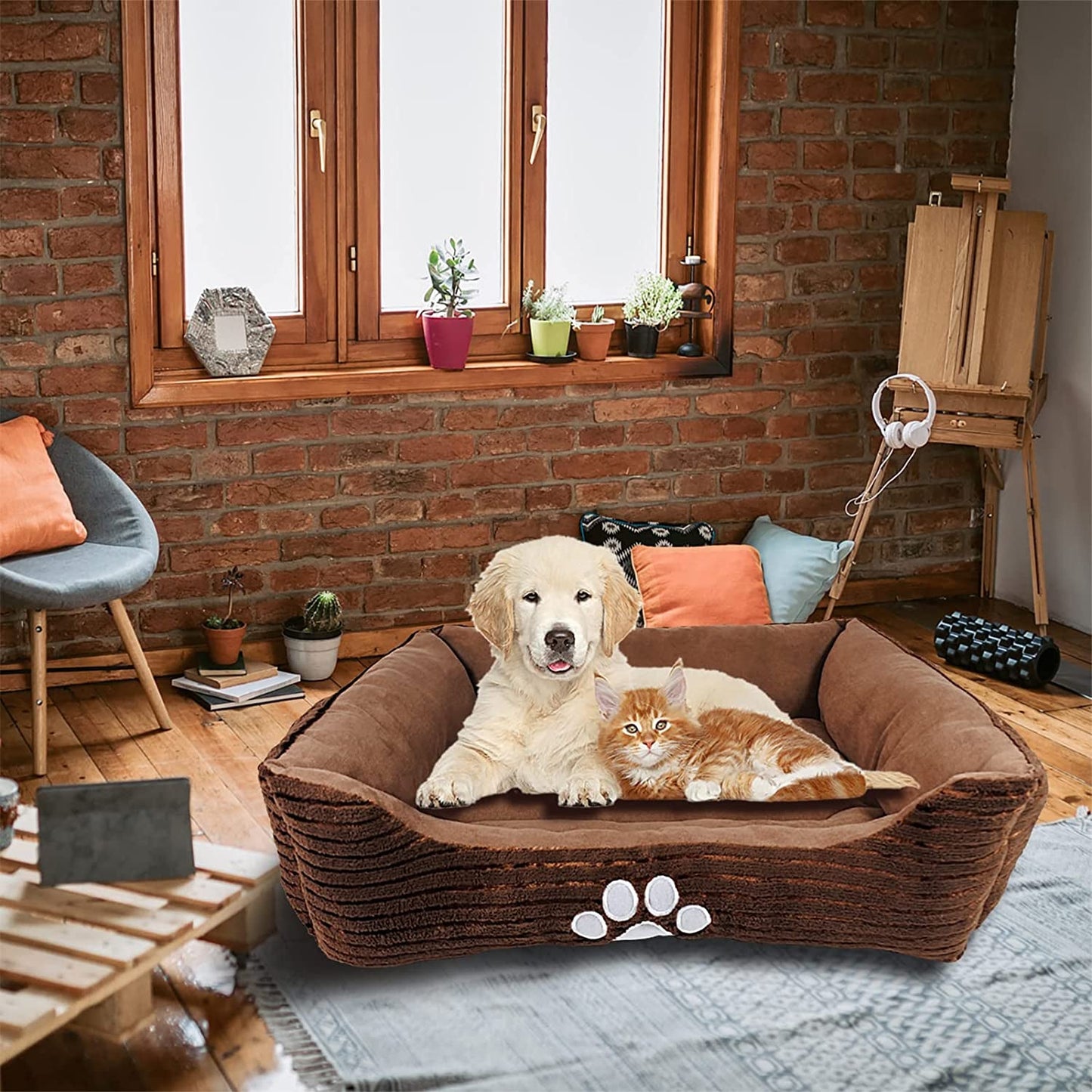 Long Rich HCT REC-005 Reversible Rectangle Pet Bed with Dog Paw Printing, Coffee, by Happycare Textiles, 25 by 21 Inches