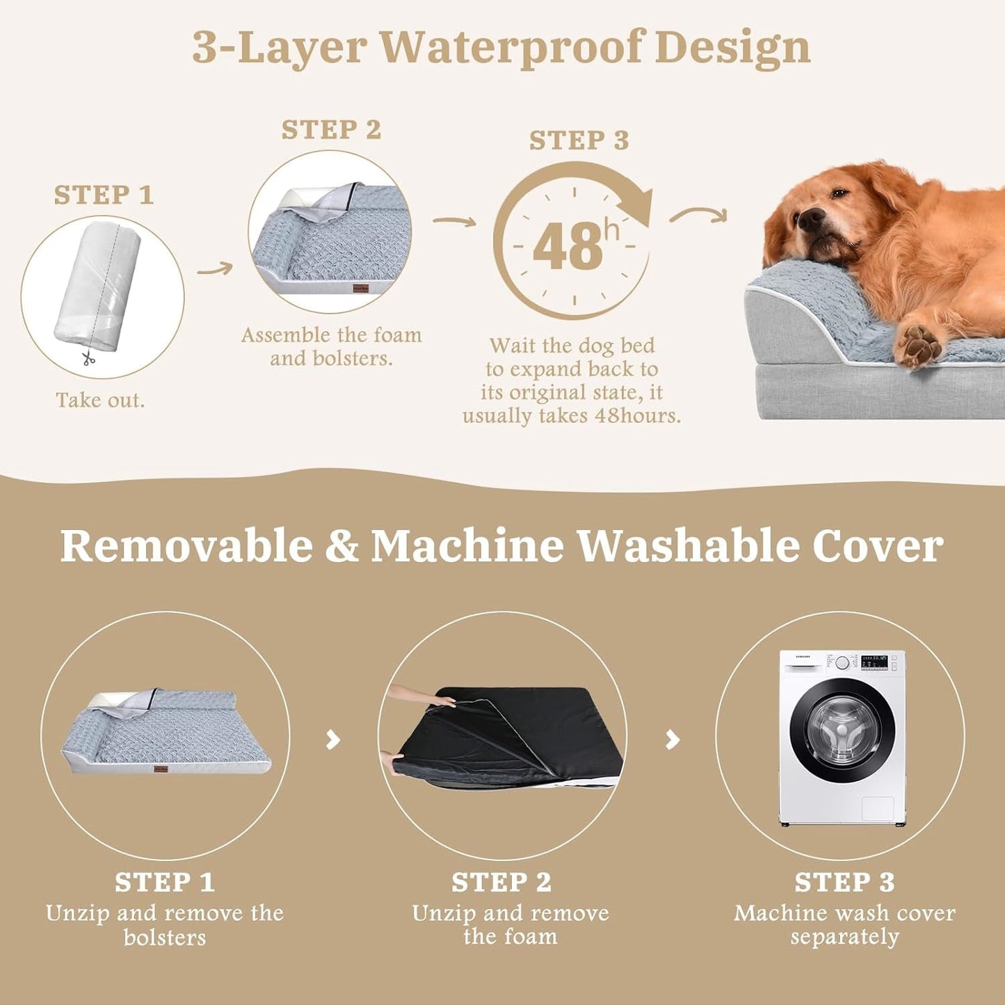 Dog Bed Medium Size Dog, Orthopedic Dog Bed for Medium Dogs, Waterproof Dog Bed with Removable Washable Cover & Non-Skid Bottom(Medium,Grey)