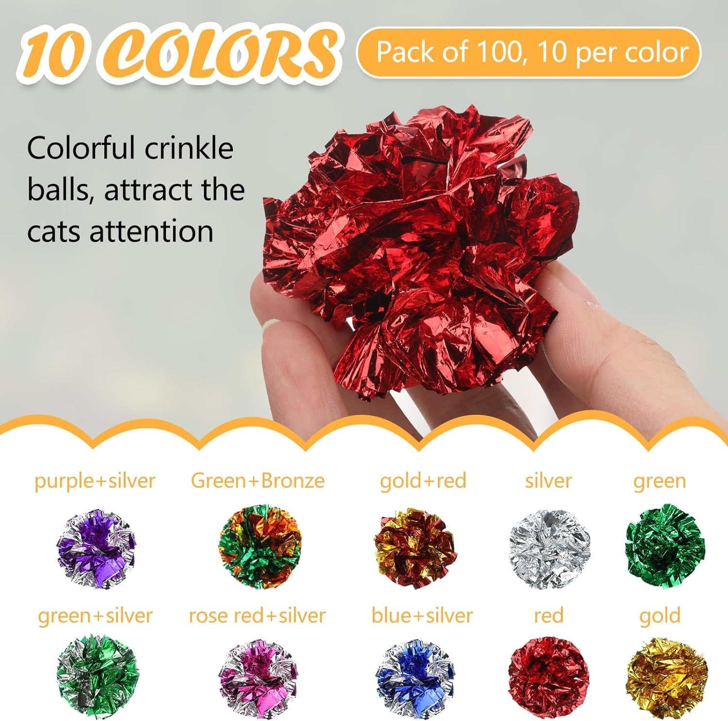 100 Pcs Crinkle Balls Cat Toys Bulk 2.36" Colorful Cat Balls Lightweight Chew and Chase Cat Polyester Film Crinkle Balls Cat Toys for Indoor Cats Kittens to Keep Fit and Active