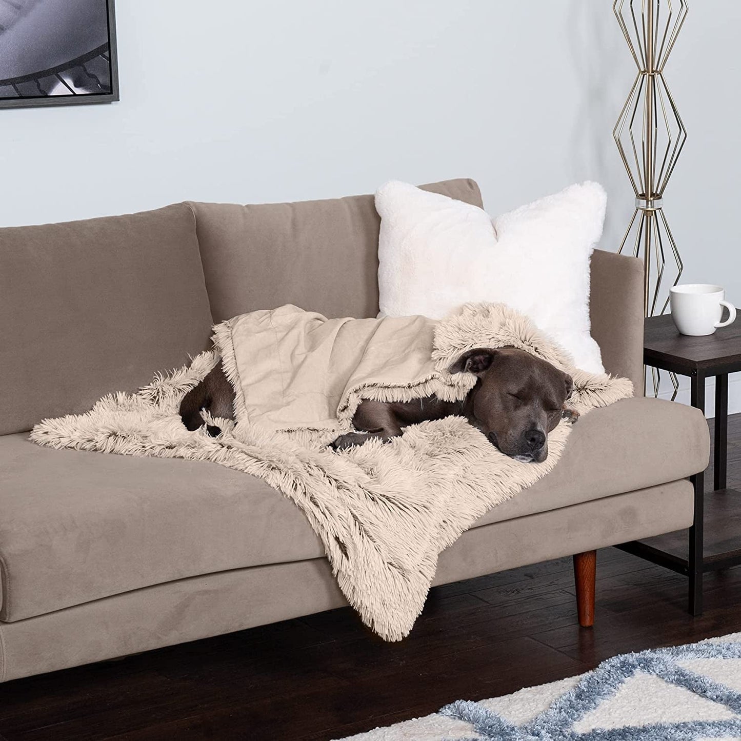 Furhaven Waterproof Throw Blanket for Dogs & Indoor Cats, Washable - Shaggy Plush Calming Long Faux Fur & Velvet Dog Blanket - Taupe, Large