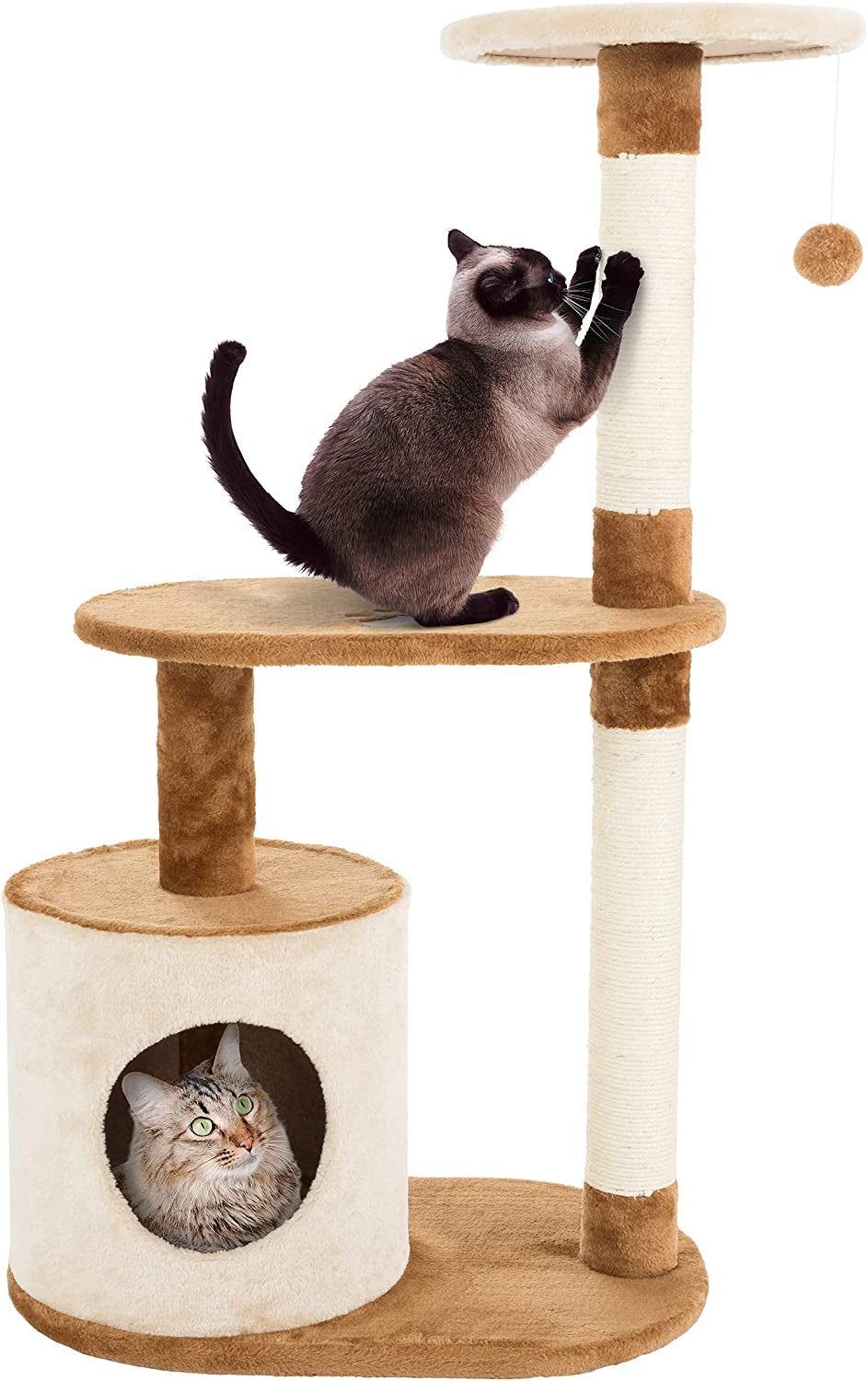 3-Tier Cat Tree - 2 Napping Perches, Kitten Condo, 2 Sisal Rope Scratching Posts, and Hanging Toy - Tower for Indoor Kitties by PETMAKER (Brown)