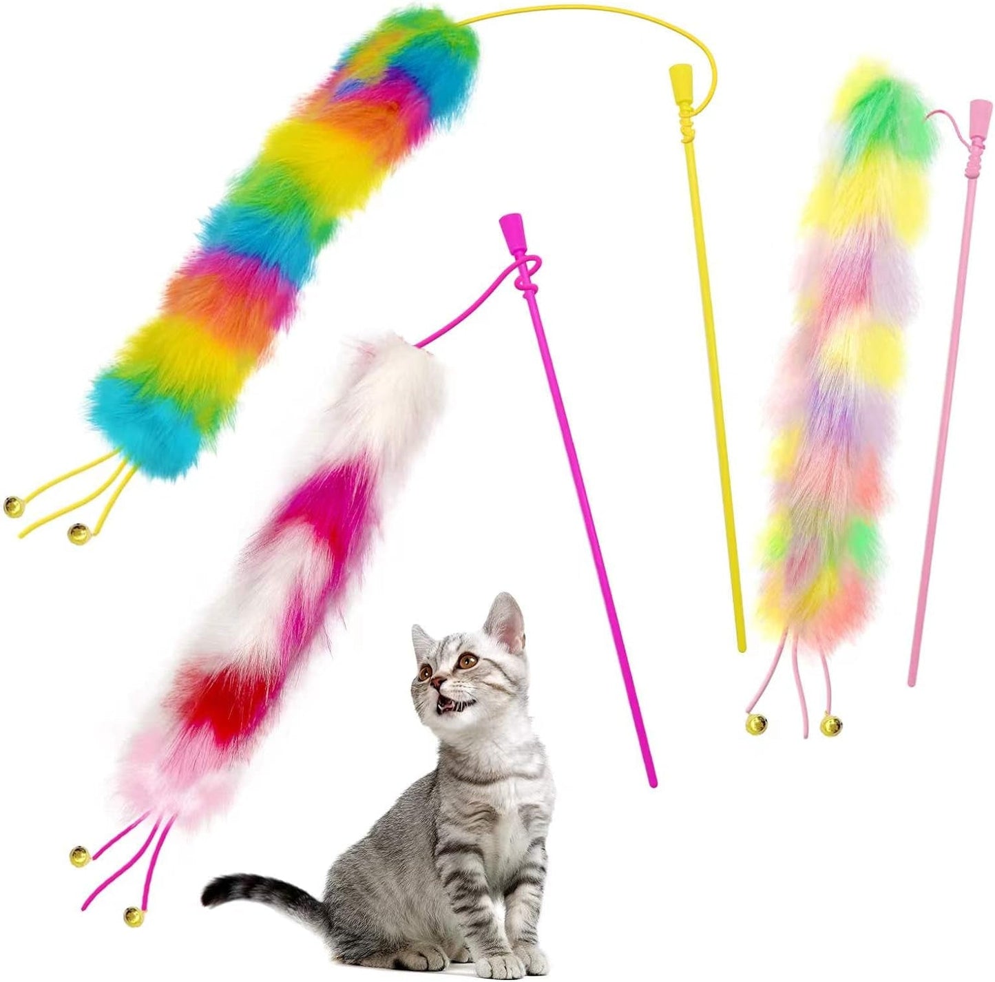 3 Pack Cat Wand Toy, Rainbow Cat Feather Toys with Bells, Cat Teaser Wand with Soft Furry Tail, Interactive Cat Toys for Indoor Cats & Kitten & Kitty