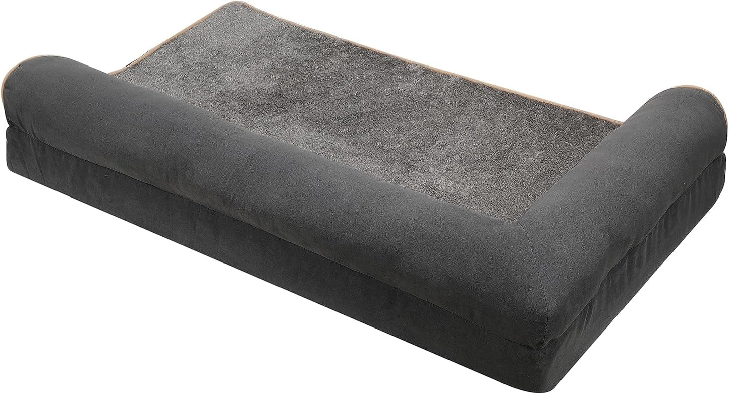 Jumbo XL Orthopedic Dog Bed - Two-Tone Faux Fur & Suede L-Shaped Chaise with Removable Washable Cover