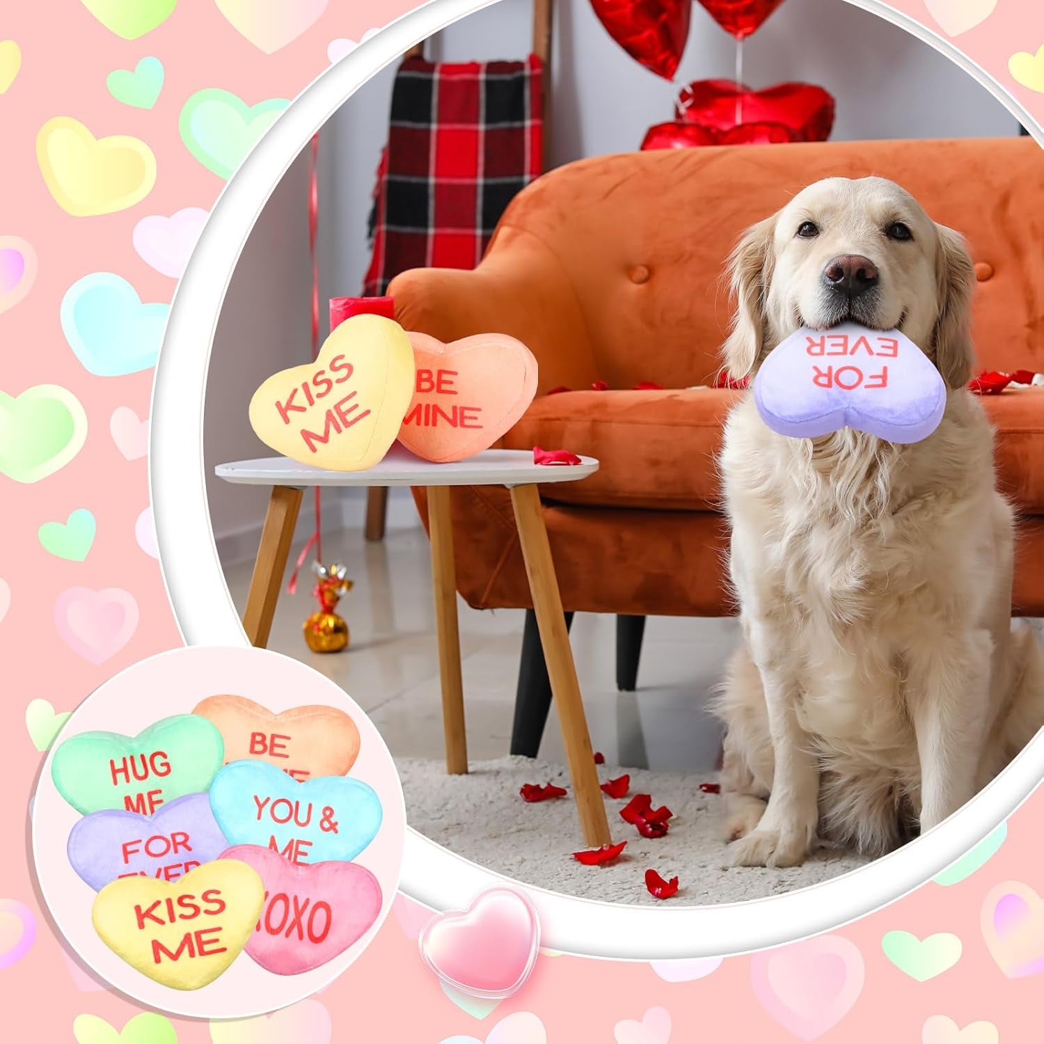 12 Pieces Valentines Day Dog Toy Valentine Heart Gifts for Dogs Conversation Heart Squeak Dog Toys for Small Medium Large Puppy Dogs Teething Chew Toys Valentines Day Pet Costume