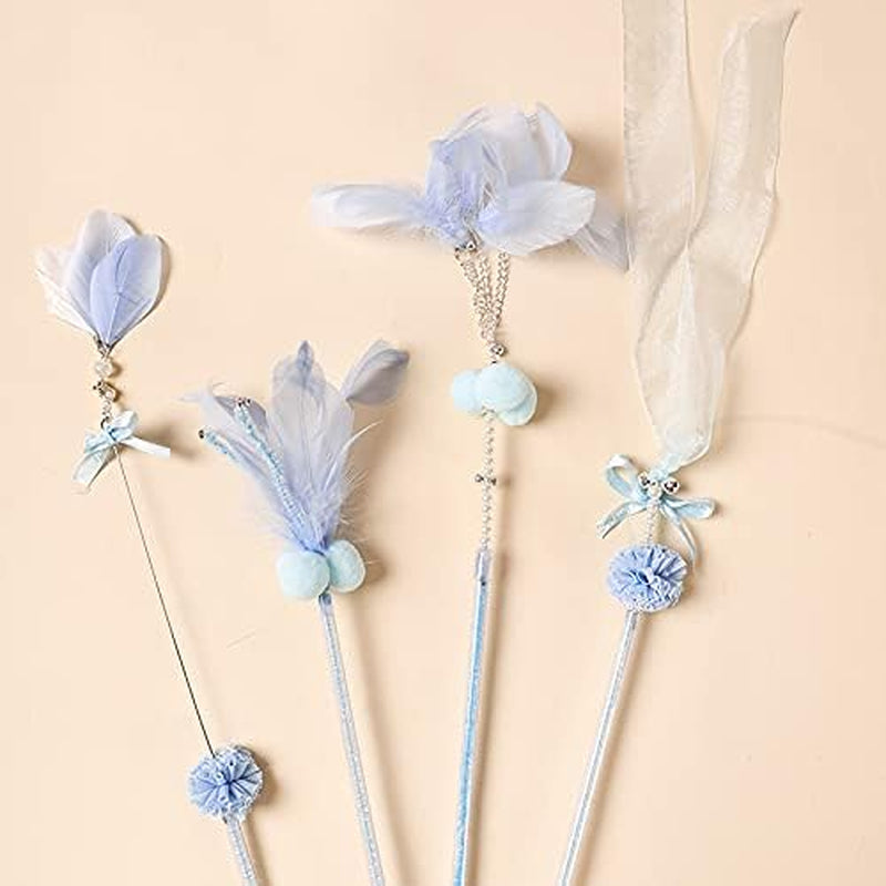 4 Pcs Cat Toy on Stick, Cat Feather Wand Toys, String Cat Toy,Cat Toys for Indoor Cats Blue