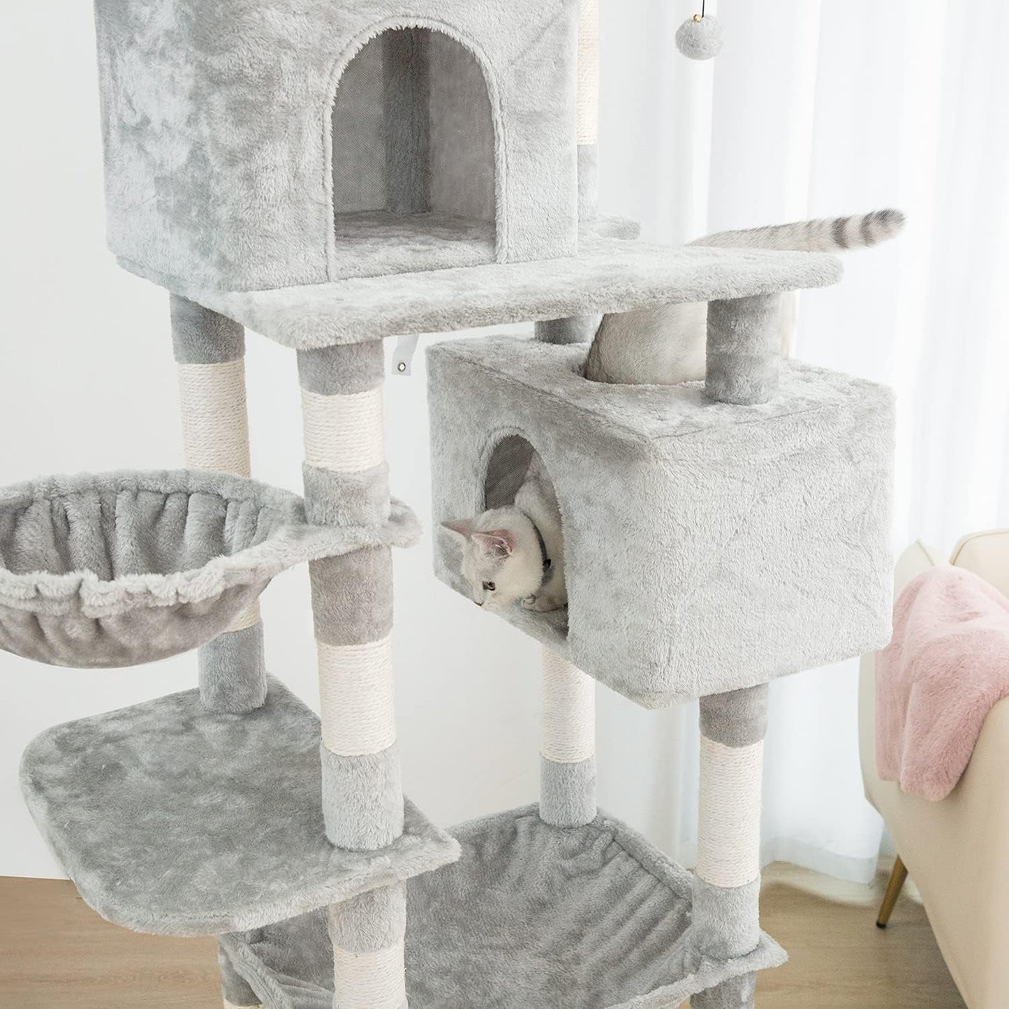 Kilodor Tall Cat Tree, 75Inch Cat Tower Multi Level Condo with Large Hammocks, Scratching Posts,Plush Perches Cat Activity Center Light Gray