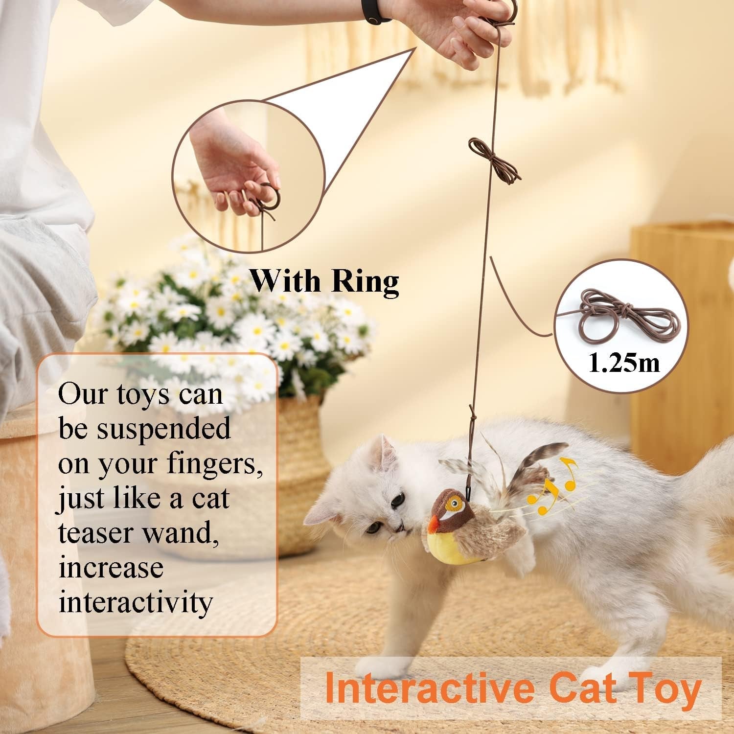 2 Pack Cat Toys, Interactive Hanging Door Cat Toy Pack for Indoor Cats Feather Plush Chirping Bird & Cat Squeak Mouse, Cute Kitten Mice Small Toys Set