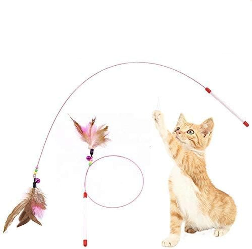 2 Pcs Cat Toy Feather Wand with Bell, Interactive Pet Cat Kitten Chaser Teaser, Cat Fishing Rod,Wire Wand Beads for Cat Play Supplies