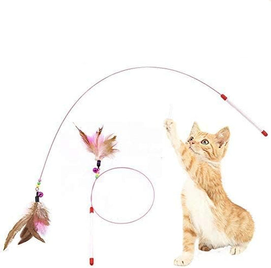 2 Pcs Cat Toy Feather Wand with Bell, Interactive Pet Cat Kitten Chaser Teaser, Cat Fishing Rod,Wire Wand Beads for Cat Play Supplies