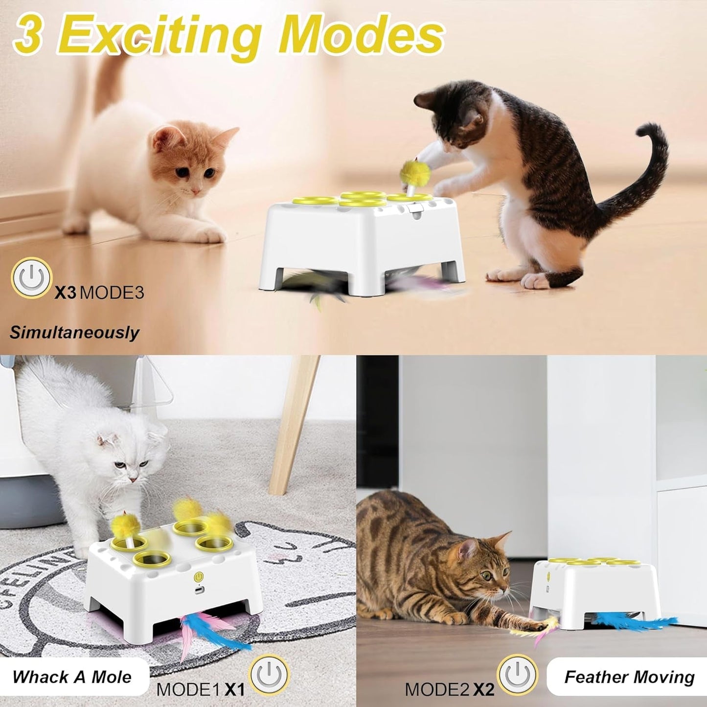 Interactive Cat Toys, 2-In-1 Automatic Cat Toy, 4 Holes Mice Whack a Mole Cat Mouse Toy with Moving Feather, Portable USB Rechargeable Electronic Kitten Toys White & Yellow