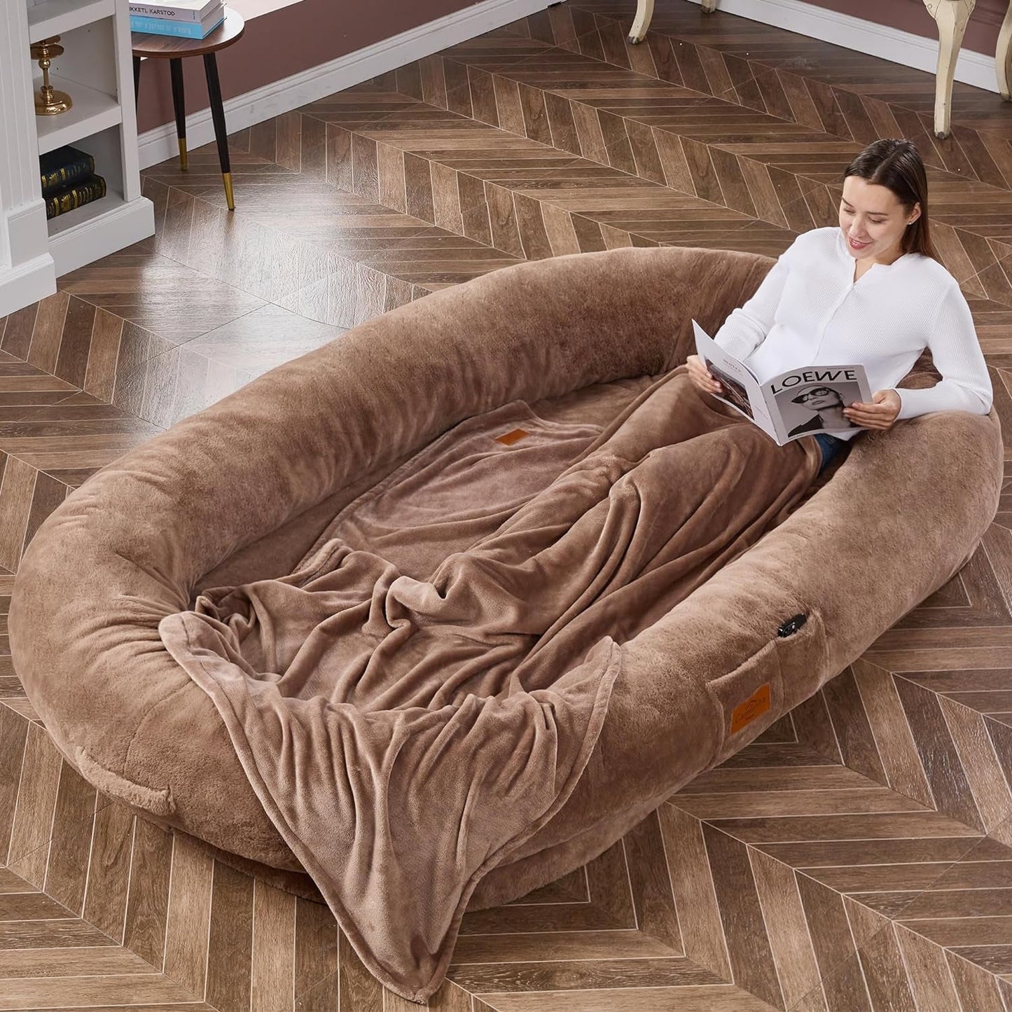 Human Dog Bed Adult Dog Bed Bean Bag Bed for Adults Giant Dog Bed Pet Beds for Large Dogs with Washable Faux Fur Cover Fluffy Dog Beanbeds(Brown)