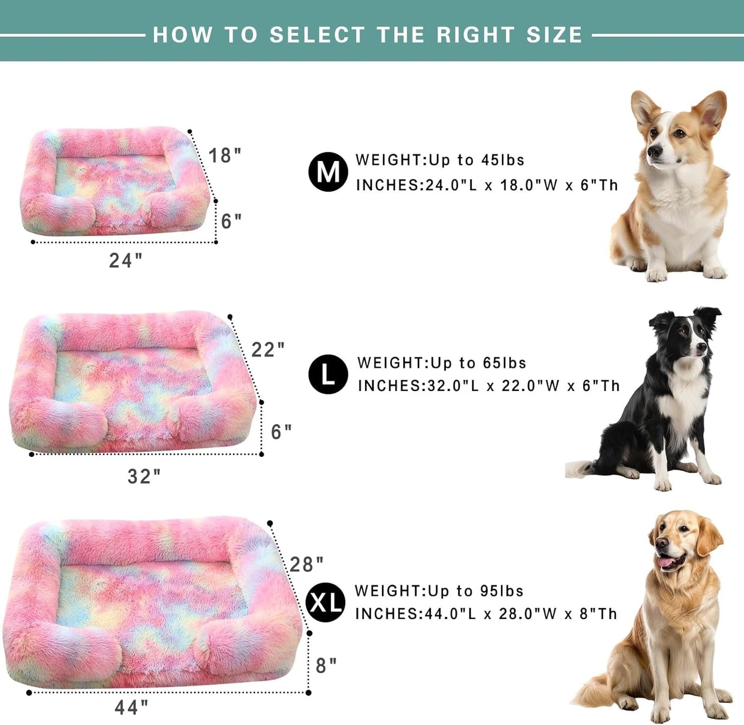 MIAO PAW Warming Fluffy Orthopedic Dog Beds for Large Dogs,Dog Bed with Plush Thick Egg Foam Support and Non-Slip Bottom,Large Waterproof and Machine Washable Pet Bed Cover (Rainbow)