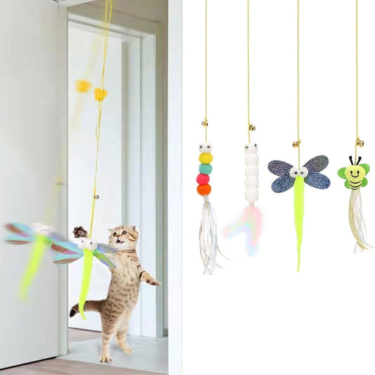 4 Pack Hanging Cat Toy - Retractable and Hanging Cat Door Toy for Indoor Cats Including Feather Teasers, Dragonflies, Caterpillars, and Fuzzy Bees Perfect for Self-Play, Exercise, and Independent Play