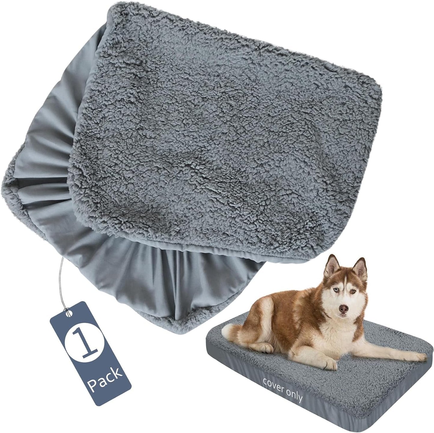 Dog Bed Covers Soft Plush Replacement Washable, Waterproof Dog Bed Liner Grey, Dog Mattress Cover, Pet Bed Cover 44X32 Inches, for Dog/Cat, Cover Only