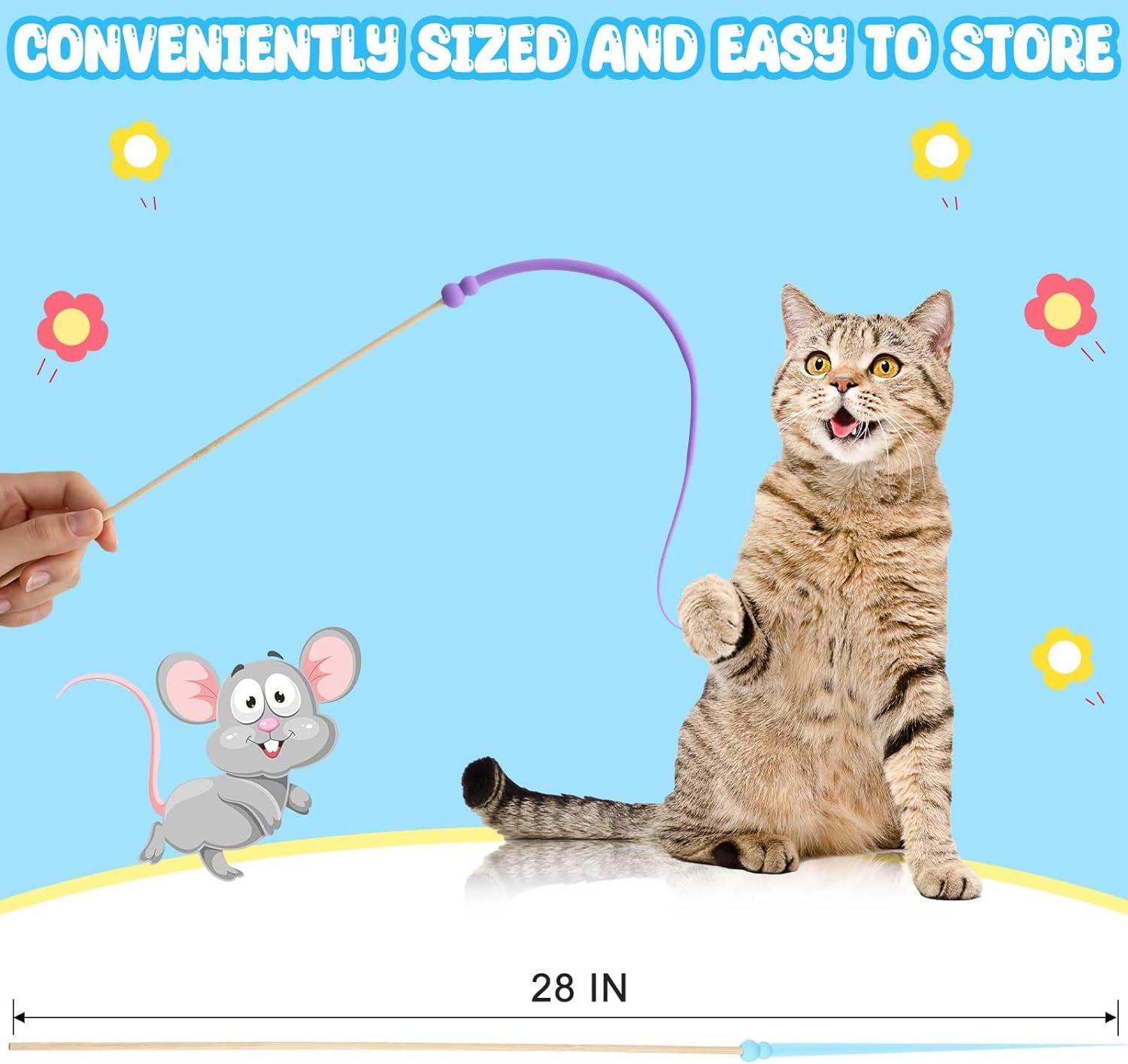 2 Pcs Cat Toy Bamboo Cat Teaser Wand with 4 Replaceable Silicone Mimicking Animals Swing Tail Interactive Cat Toys for Bored Indoor Adult Cats Chase and Exercise