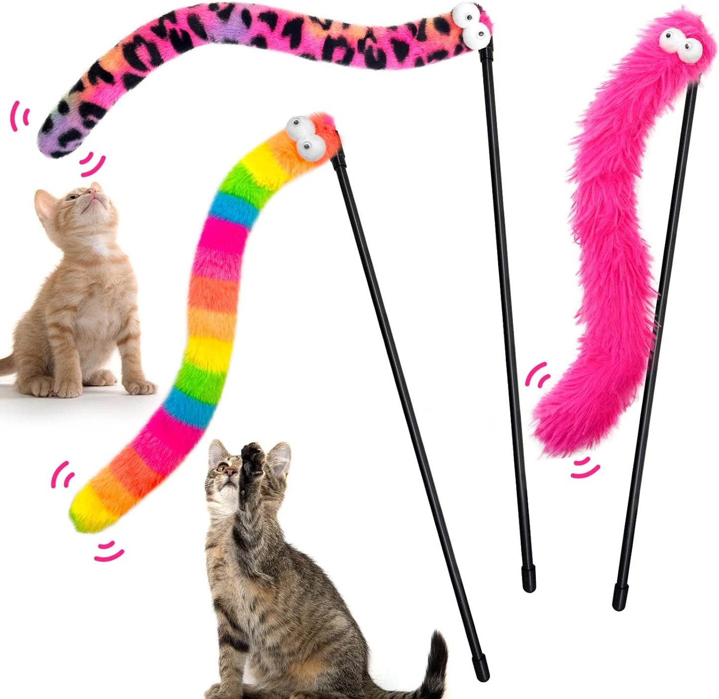 3 Pack Cat Wand Toy, Rainbow Cat Feather Toys with Bells, Cat Teaser Wand with Soft Furry Tail, Interactive Cat Toys for Indoor Cats & Kitten & Kitty