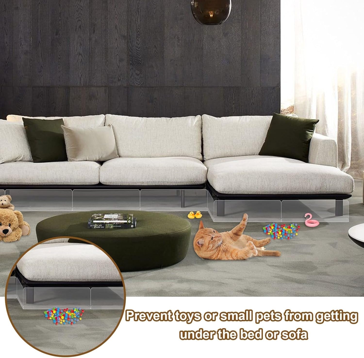 8PCS under Bed Blocker for Pets, Clear Toy Blocker for under Couch, Stop Pets Toys Going under Furniture Bed or Sofa Couch, Gap Bumper for under Bed for Pets King Size Bed, 6" Height 162" Length