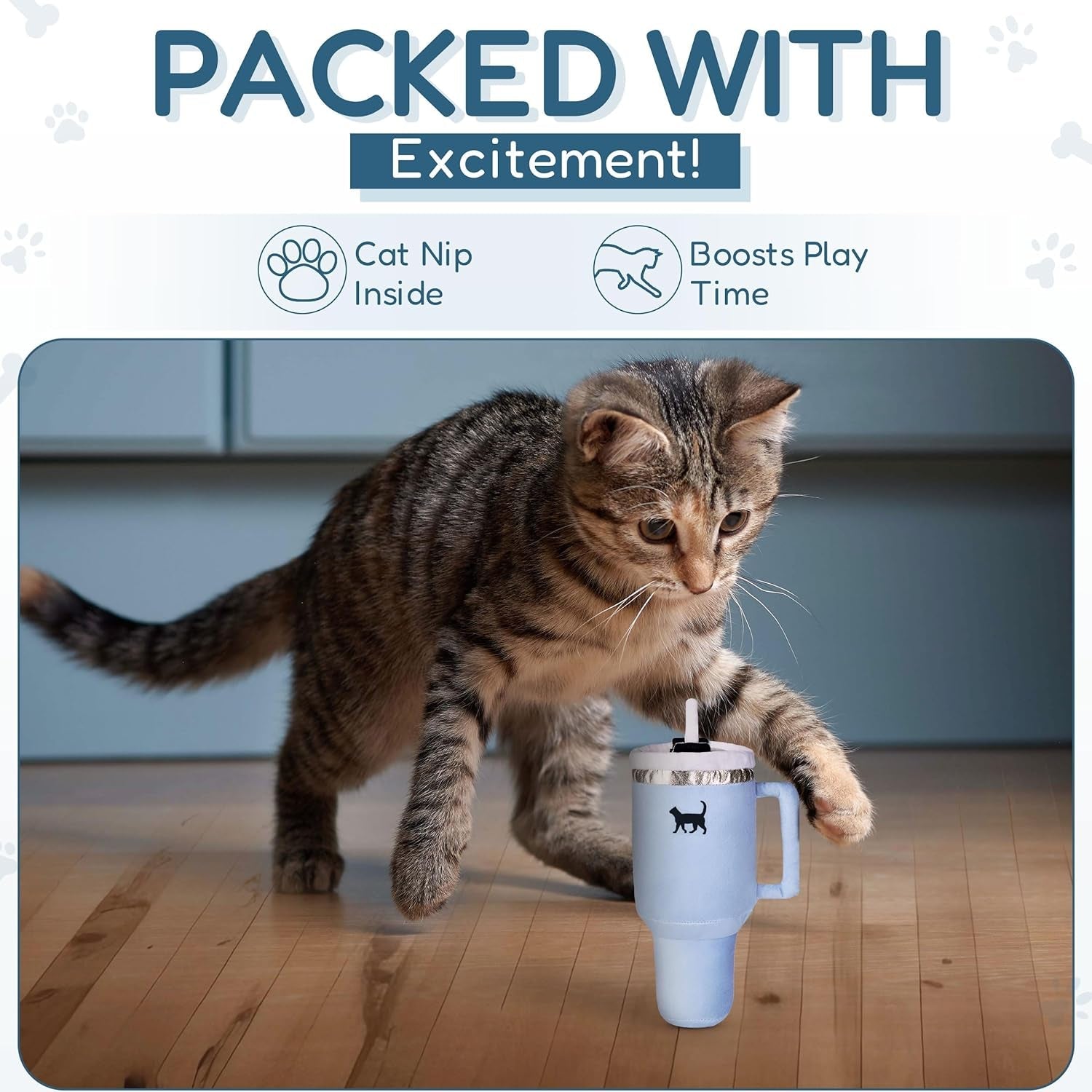 Kitty Kollection | Plush Kitty Cup Tumbler Catnip Toy with Crinkle Paper – Trendy, Cute, Funny Parody Cat Toy (Chambray Blue)