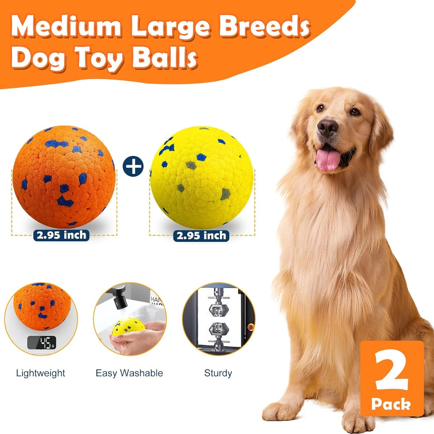 2 Pack Dog Balls Indestructible Tennis Balls for Dogs Durable Bouncy Dog Toy Balls for Aggressive Chewers Interactive Dog Toys for Water Toy Fetch Balls