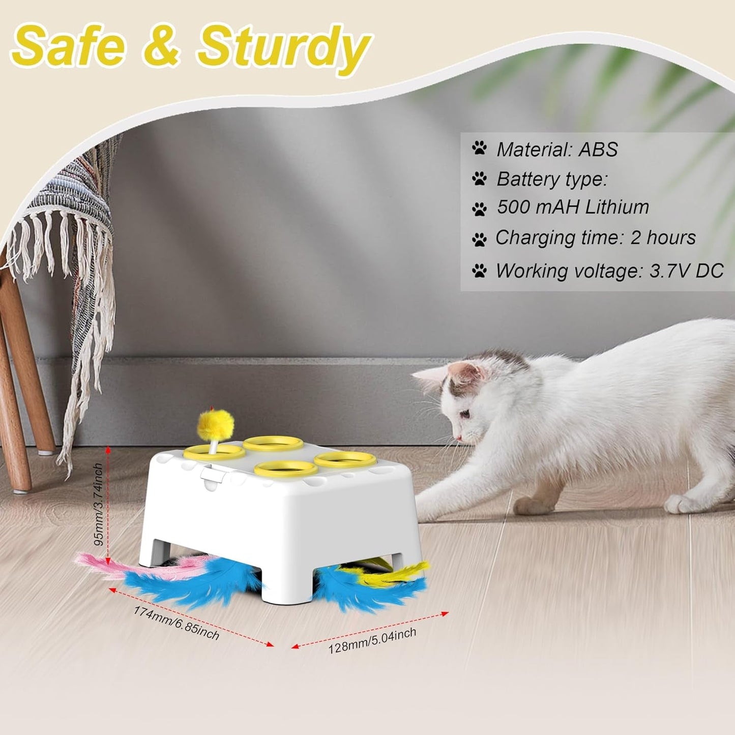 Interactive Cat Toys, 2-In-1 Automatic Cat Toy, 4 Holes Mice Whack a Mole Cat Mouse Toy with Moving Feather, Portable USB Rechargeable Electronic Kitten Toys White & Yellow