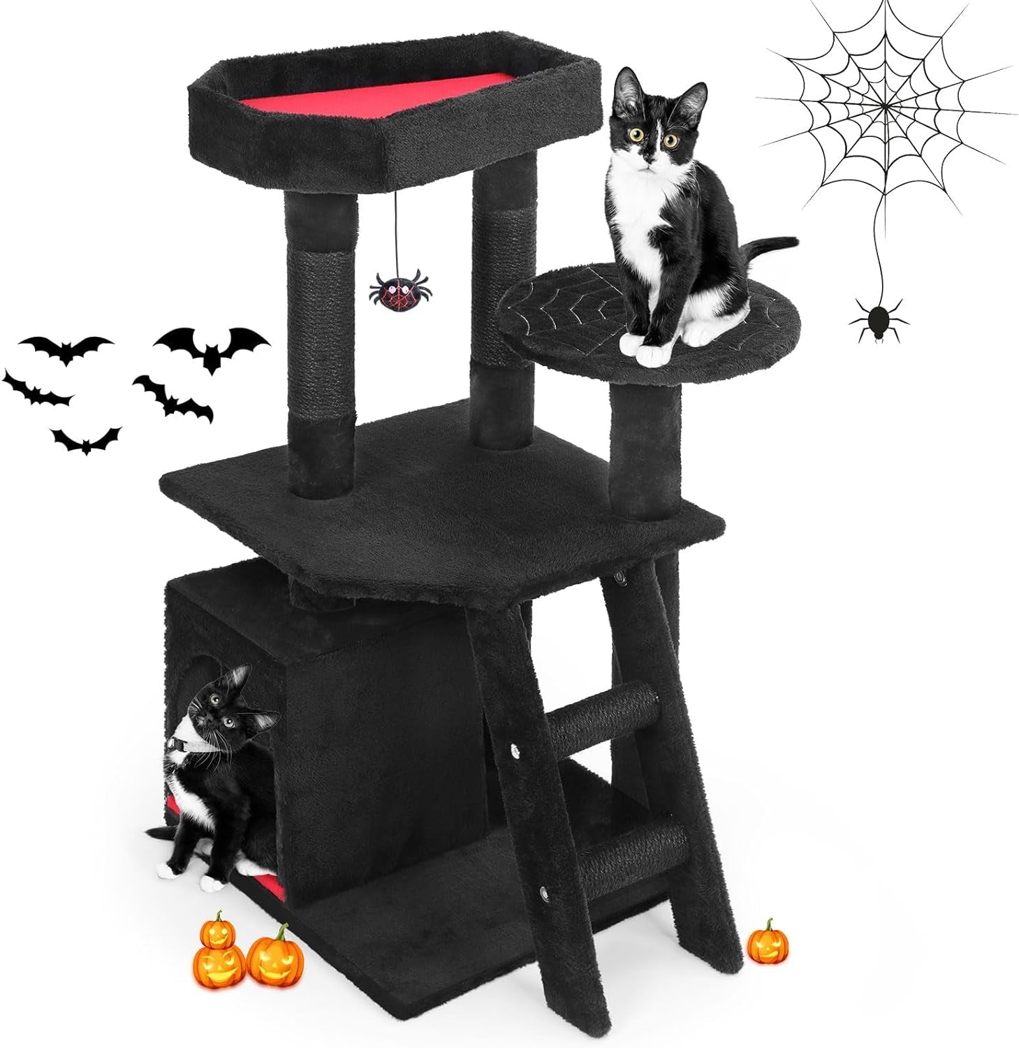 MOOACE Gothic Cat Tree with Coffin Beds, 32.6"Cat Tower Climbing for Indoor Cat with Spacious Cat Condo, Scratching Post, Pompom Toys, Tall Halloween Kitten House Furniture for Cats Stuff, Black Cage