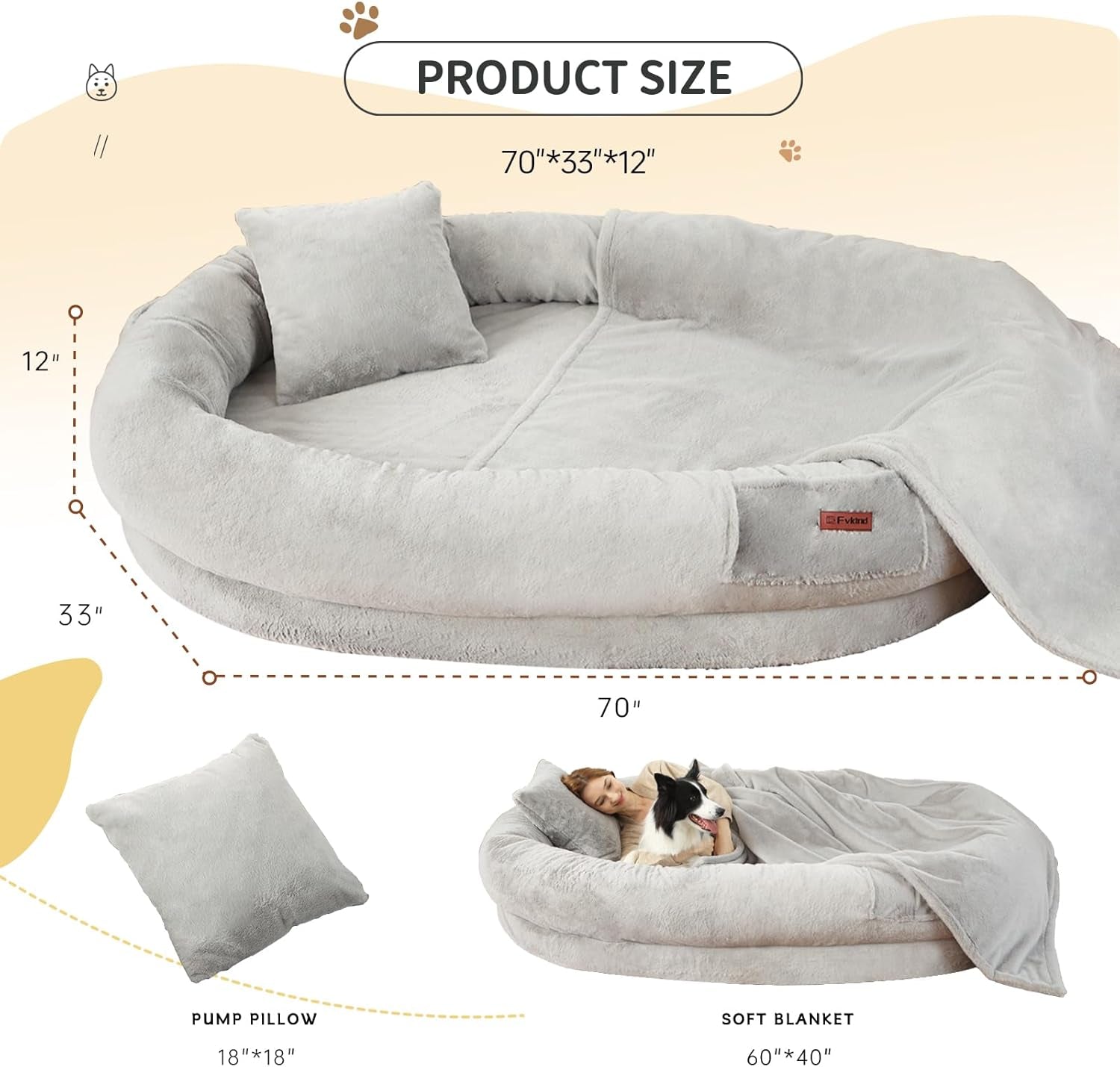 Human Dog Bed, 70"X33"X12" Large Washable Orthopedic Human Size Dog Bed for Kids and Adult, Removable Adult Dog Bed Fits You and Pets,Adult Dog Bed for Humans with Soft Blanket and Pillow, Grey