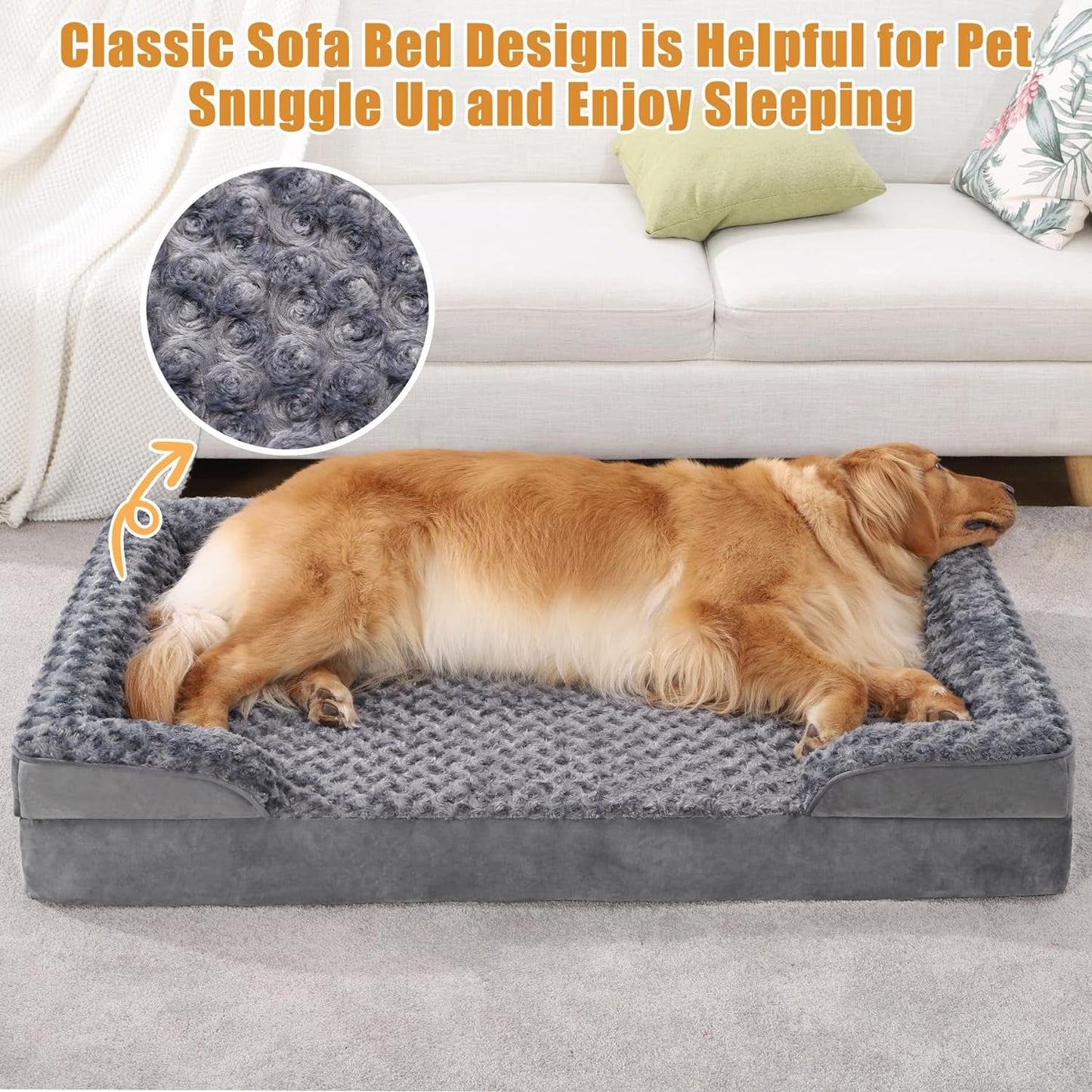 KSIIA Orthopedic Dog Beds Large Sized Dog Couch Waterproof Dog Bed Washable Dog Bed Egg Foam Pet Bed with Removable Bolster & Nonskid Bottom Large Dog Bed XL Dog Bed Sofa 41 X 27 X 7 Inch, Grey