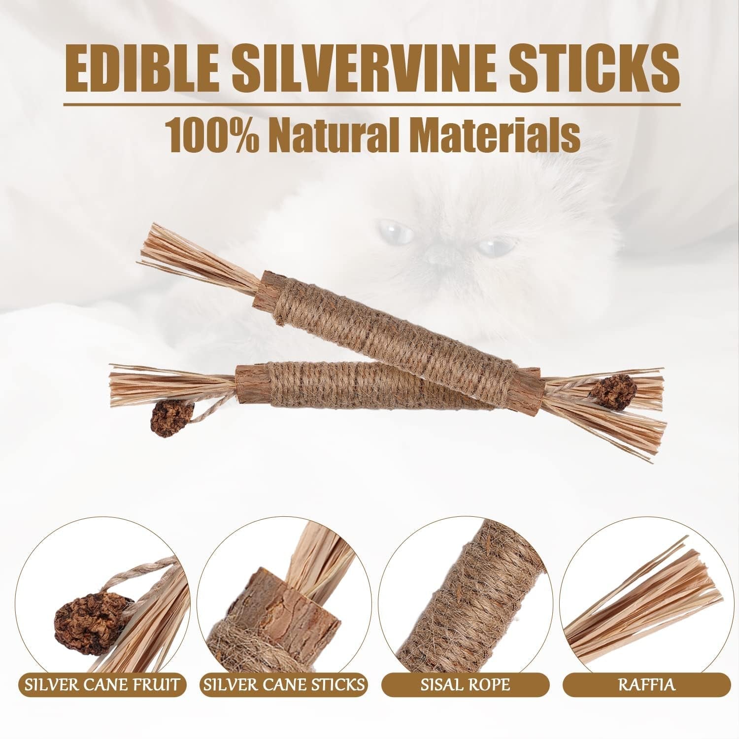 3Pcs Natural Silvervine Sticks, Silvervine Catnip Chew Sticks Cat Toys for Cats Kitten Teething Toys Teeth Cleaning Toy