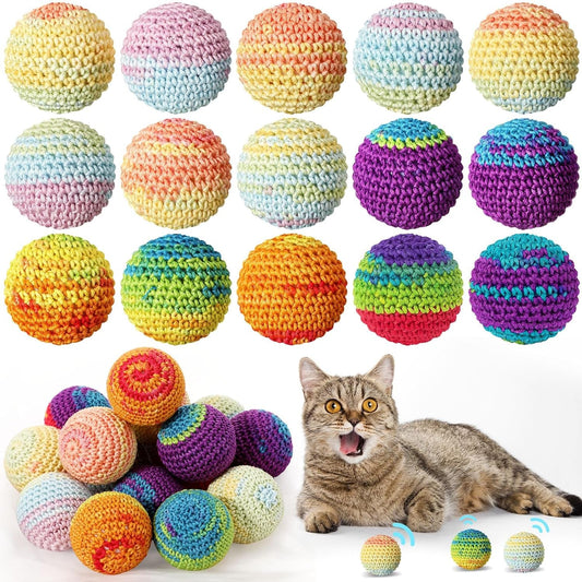 16 Pack Woolen Yarn Cat Ball Toy with Bell inside Cat Toys Balls Bulk Cat Toys for Indoor Cats Interactive Colorful Cat Chew Toys for Kitty Kitten Hand Knitted Rainbow Cat Toys Balls Pet Gift