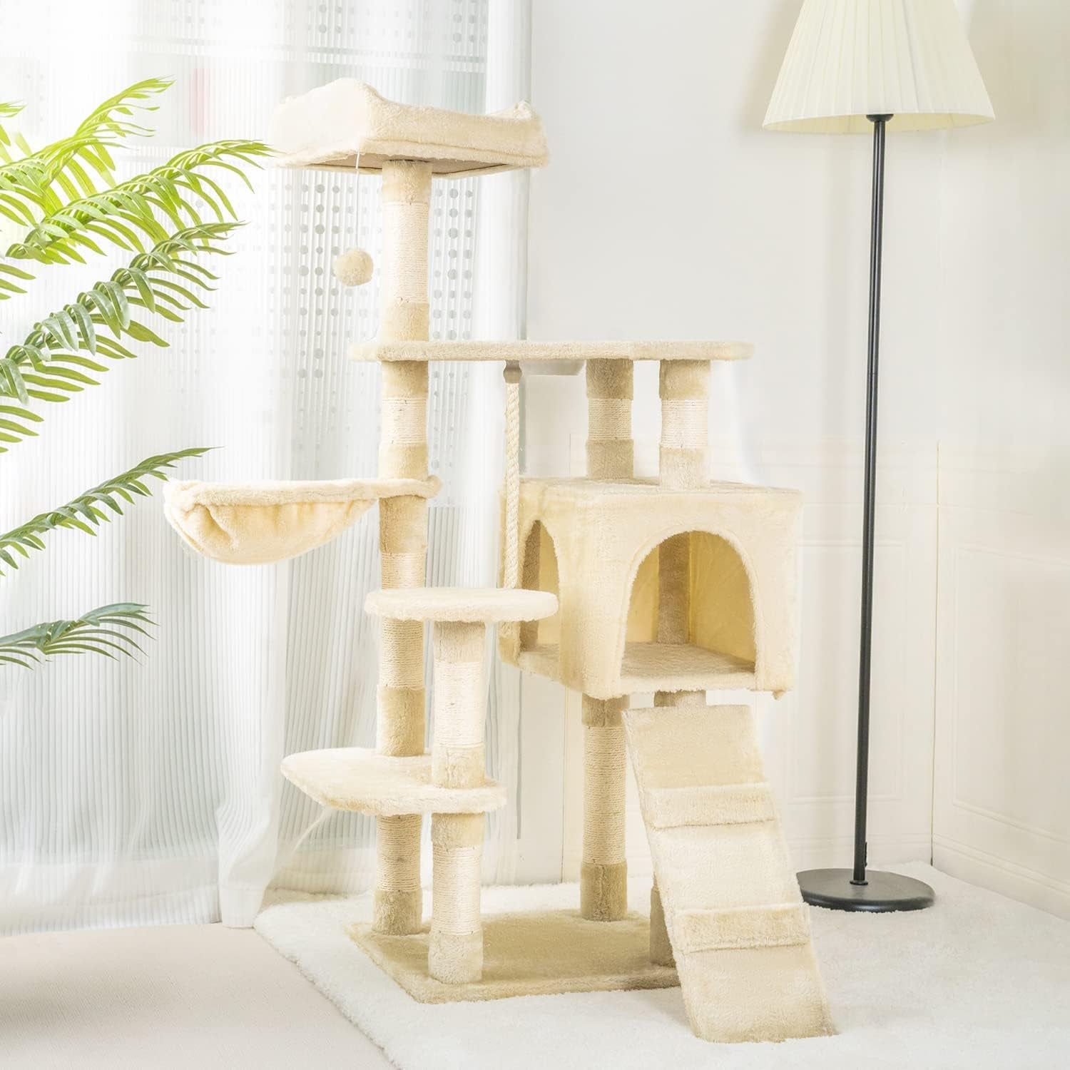 Hawsaiy Multi Level 51 Inch Cat Tree Tower for Indoor Cat with Cat Condo, Scratching Sisal Posts,Hammock, Ladder and Feeding Bowl Beige