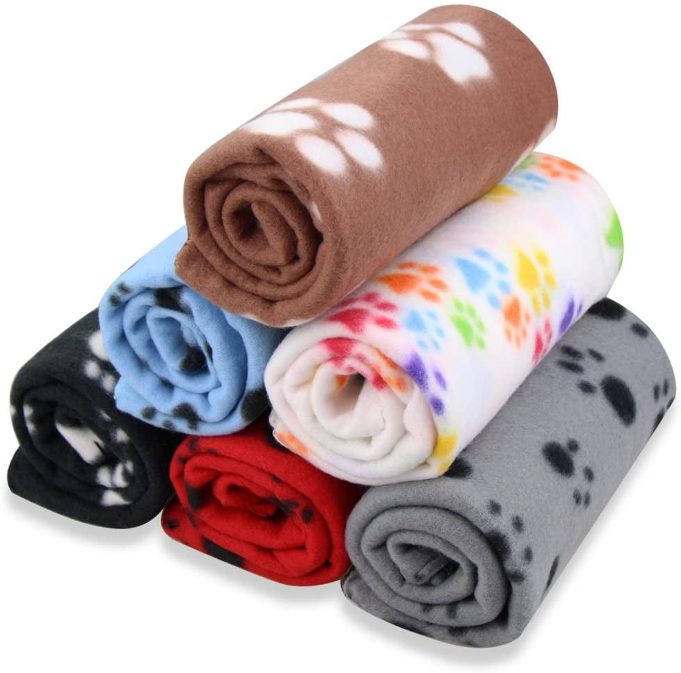 EAGMAK Cute Dog Cat Fleece Blankets with Paw Prints for Kitten Puppy and Small Animals Pack of 6 (Black, Brown, Blue, Grey, Red and White)